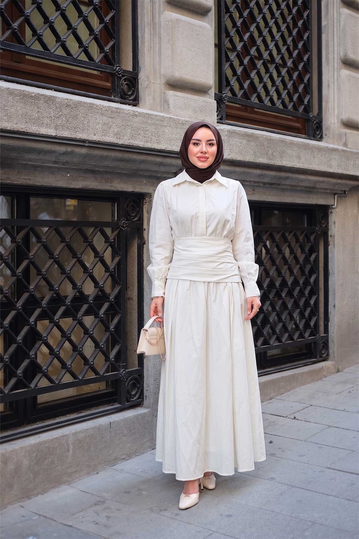 Gizli Düğme Detay Eteği Kat Kat Poplin Takım Beyaz