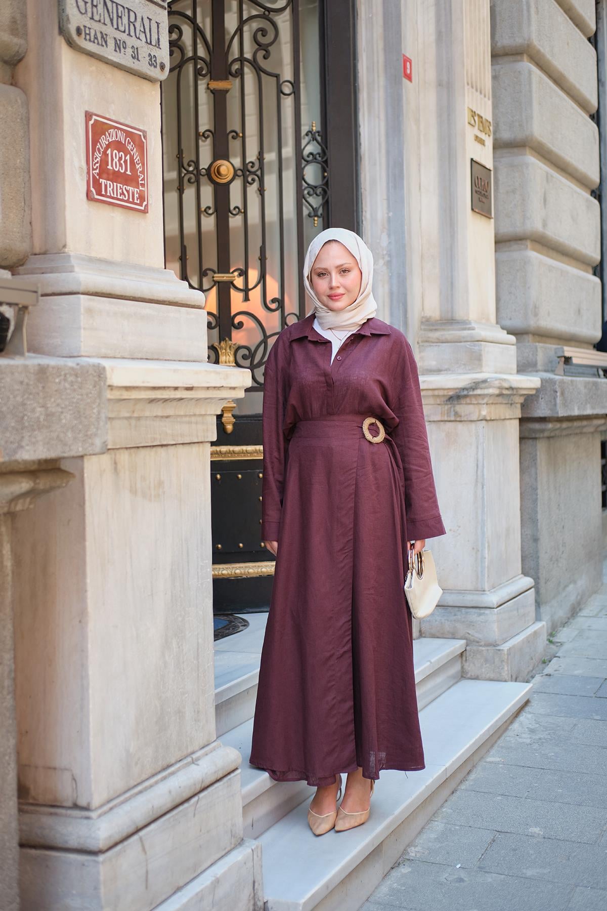 Gizli Düğme Detaylı Hasır Bronşlu Takım Bordo