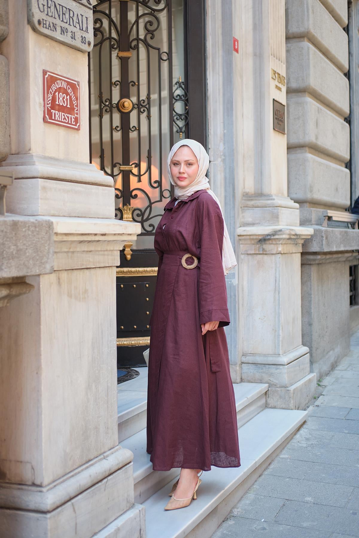 Gizli Düğme Detaylı Hasır Bronşlu Takım Bordo