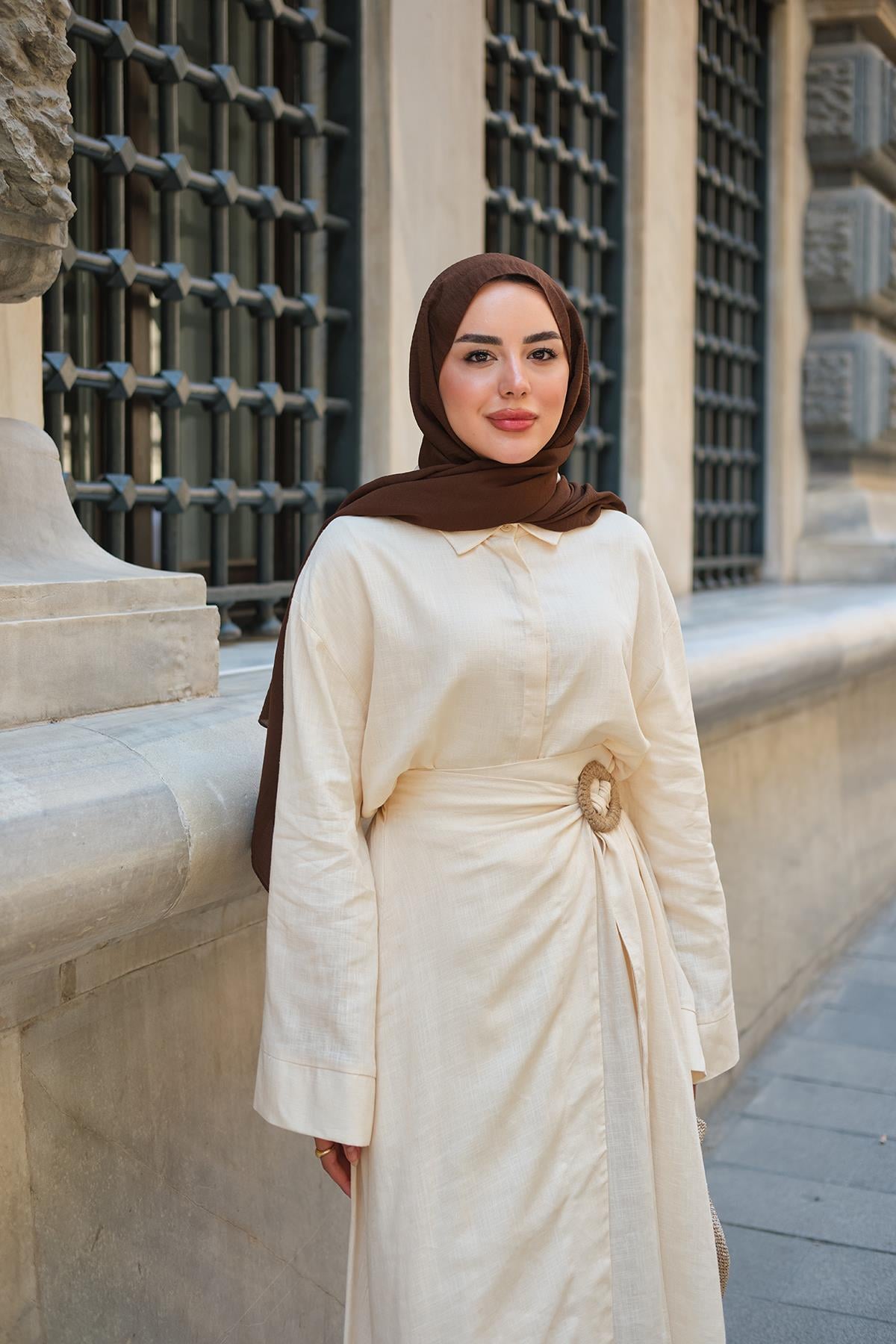 Gizli Düğme Detaylı Hasır Bronşlu Takım Sarı