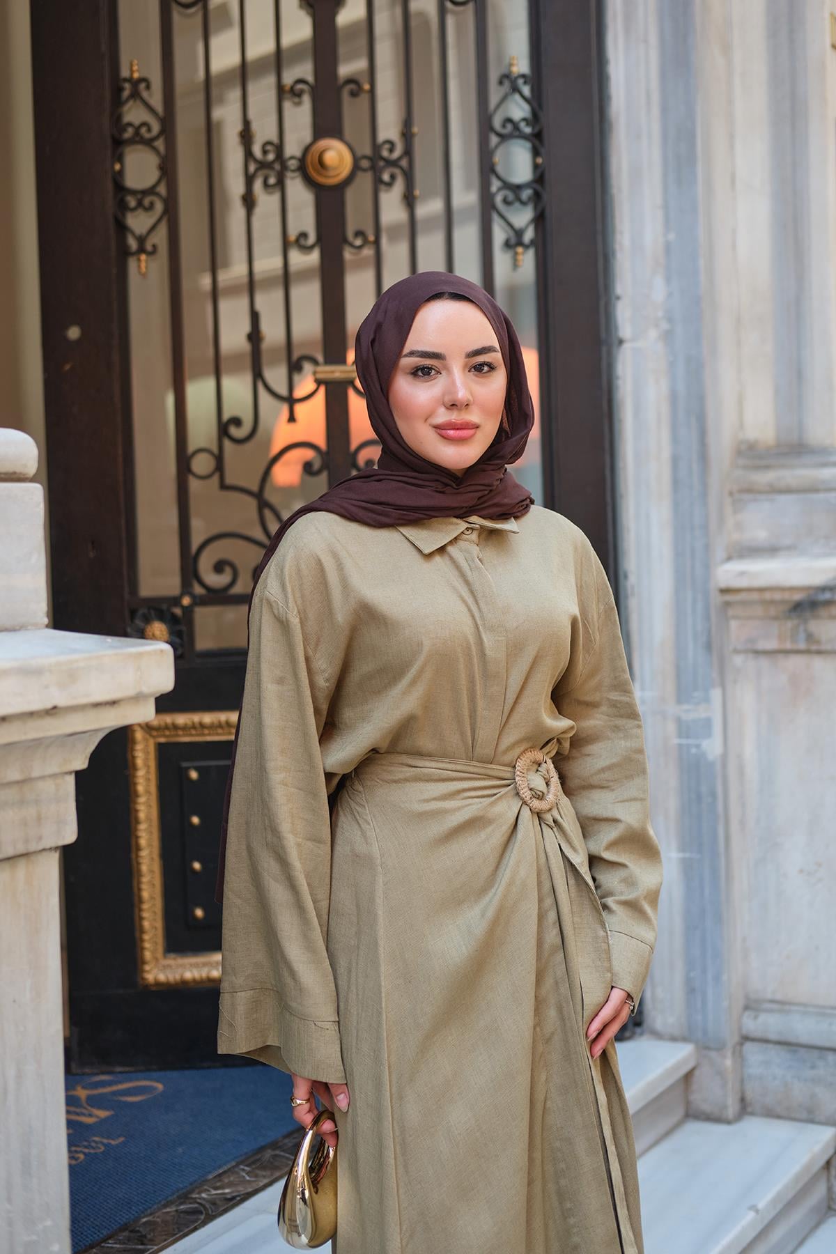 Gizli Düğme Detaylı Hasır Bronşlu Takım Yeşil