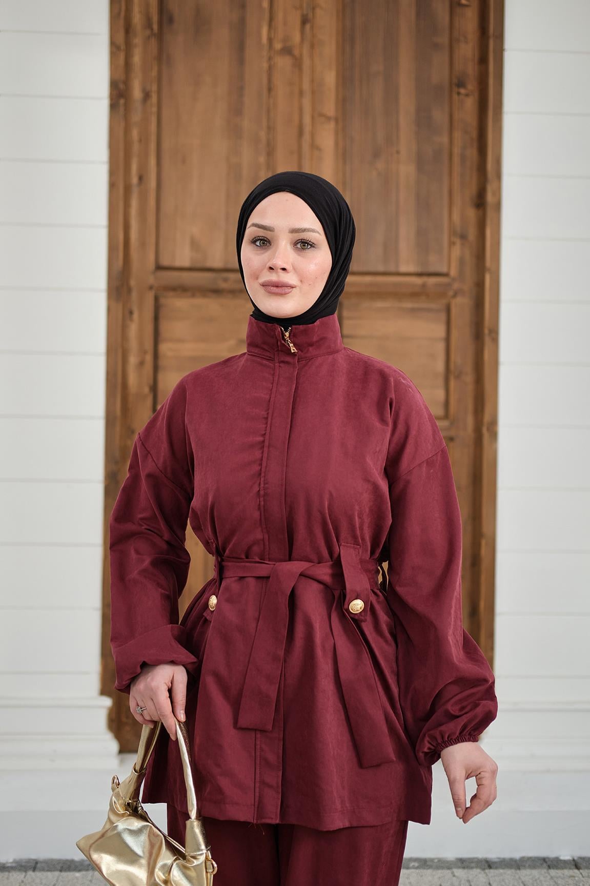 Gizli Fermuarlı Kemerli Pantolonlu Takım Bordo