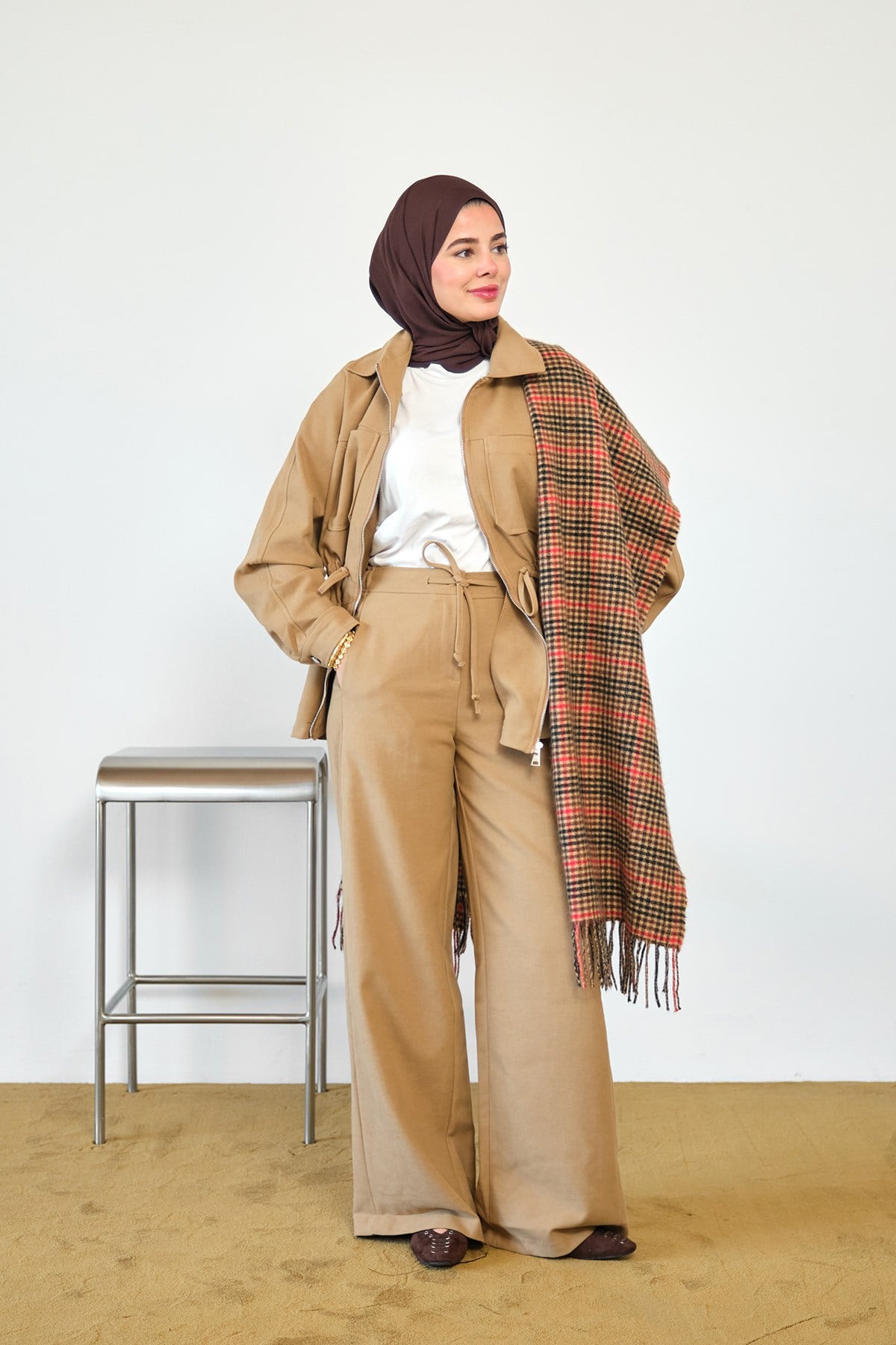 Gömlek Yaka Bel Büzgülü Pantolonlu Takım Camel