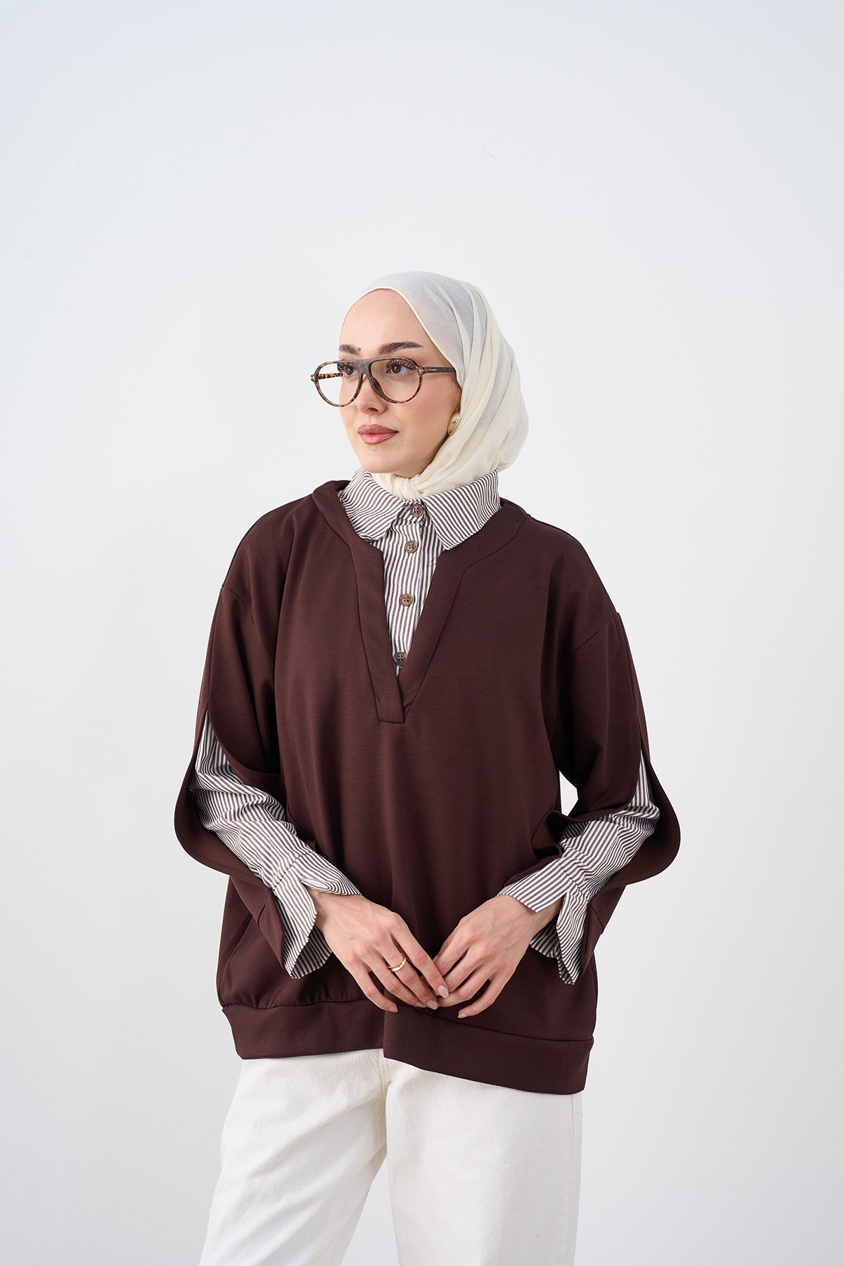 Gömlek Yaka Çizgi Detay Sweatshirt Kahverengi
