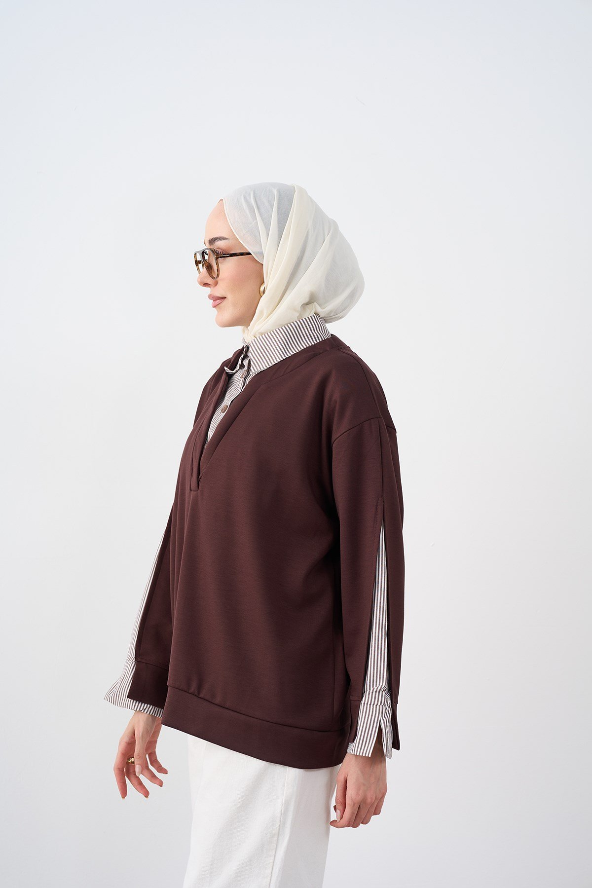 Gömlek Yaka Çizgi Detay Sweatshirt Kahverengi
