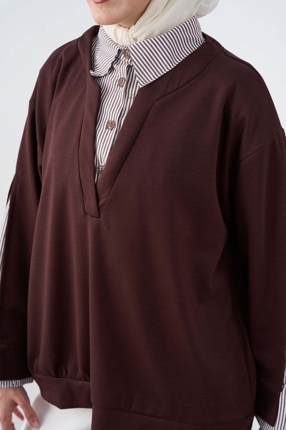Gömlek Yaka Çizgi Detay Sweatshirt Kahverengi