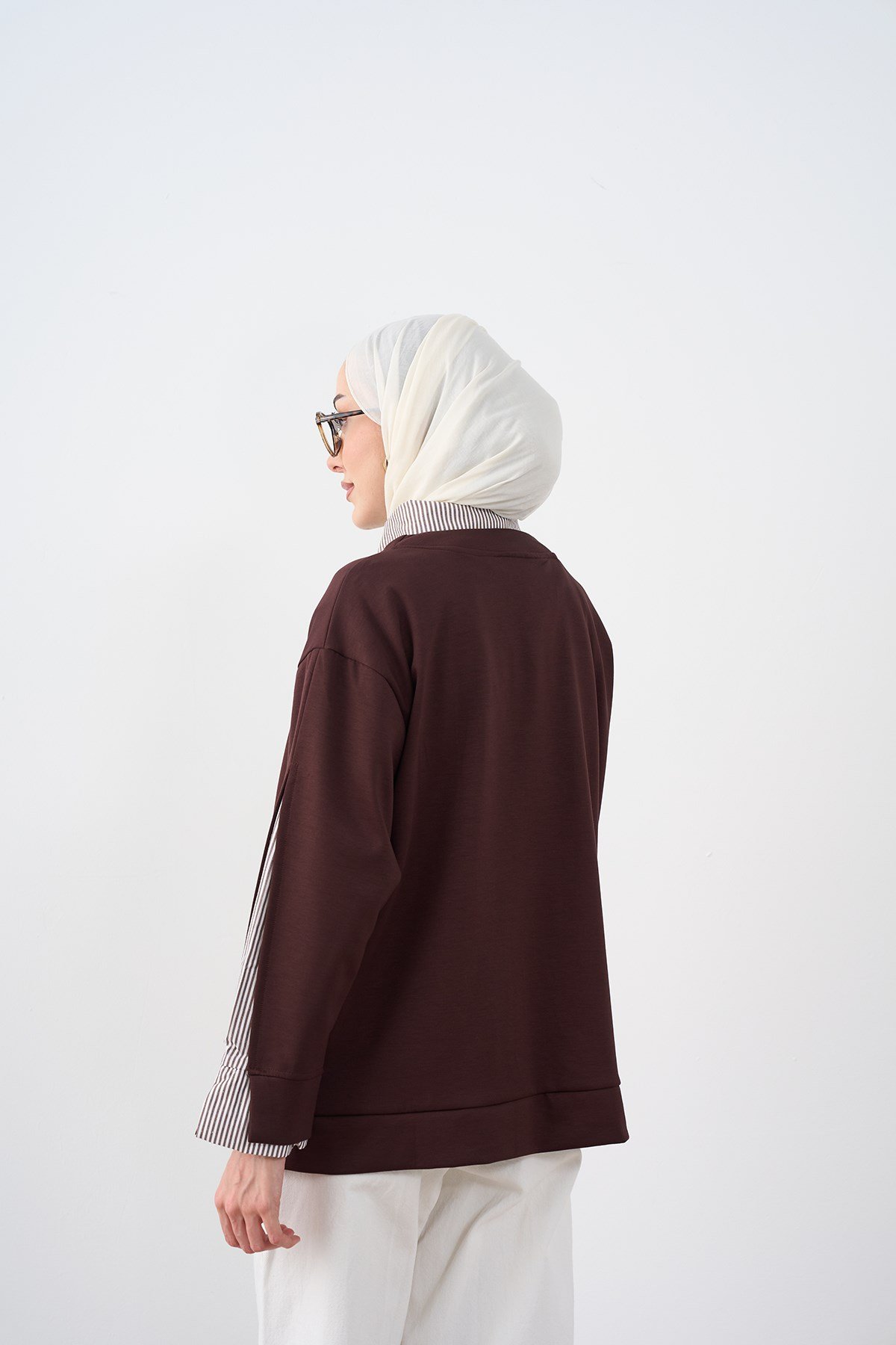Gömlek Yaka Çizgi Detay Sweatshirt Kahverengi