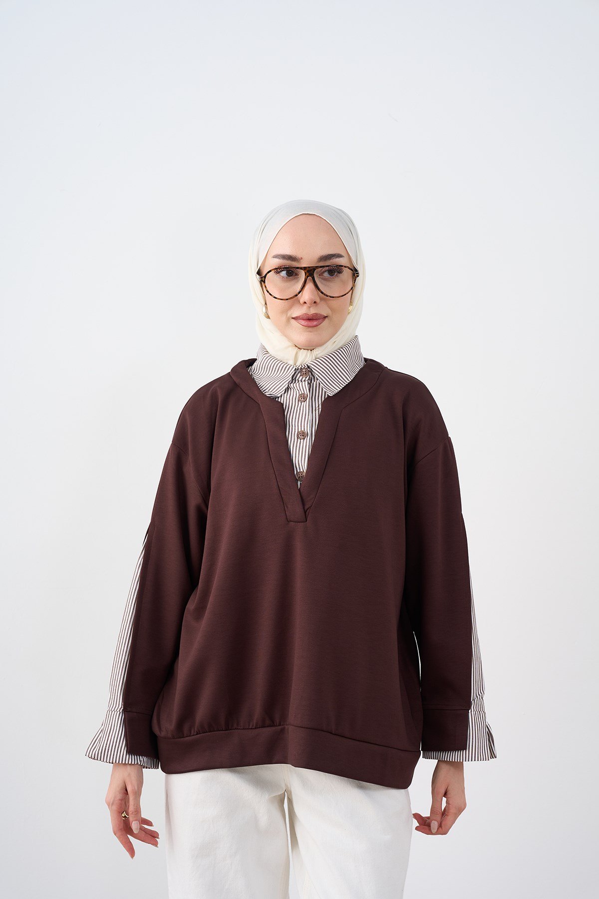 Gömlek Yaka Çizgi Detay Sweatshirt Kahverengi