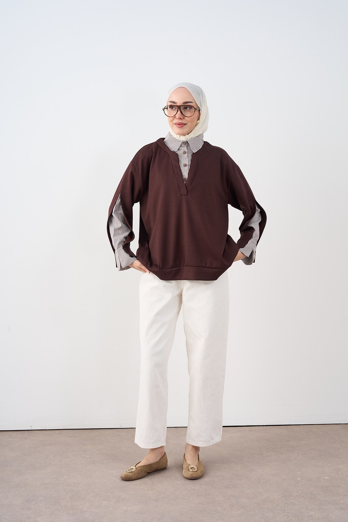 Gömlek Yaka Çizgi Detay Sweatshirt Kahverengi