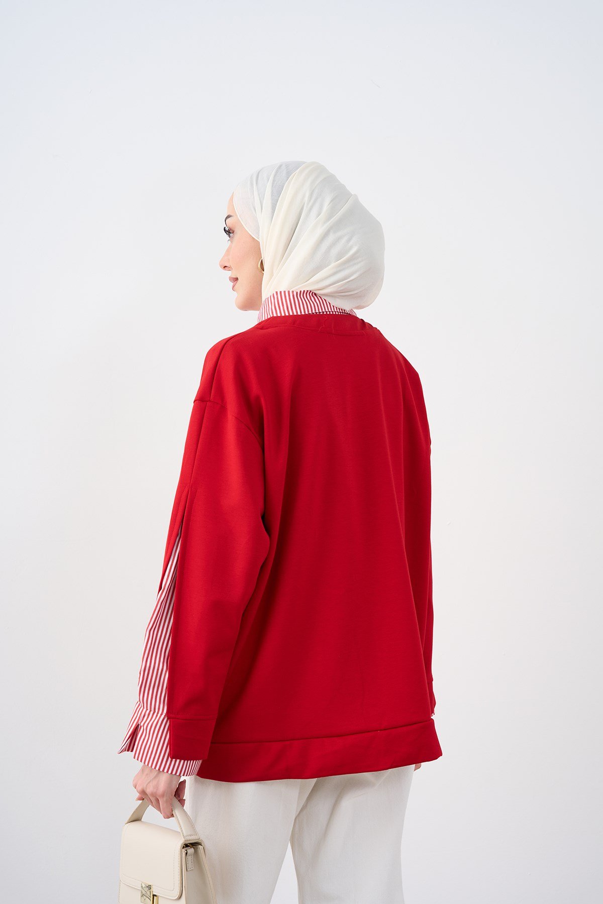 Gömlek Yaka Çizgi Detay Sweatshirt Kırmızı