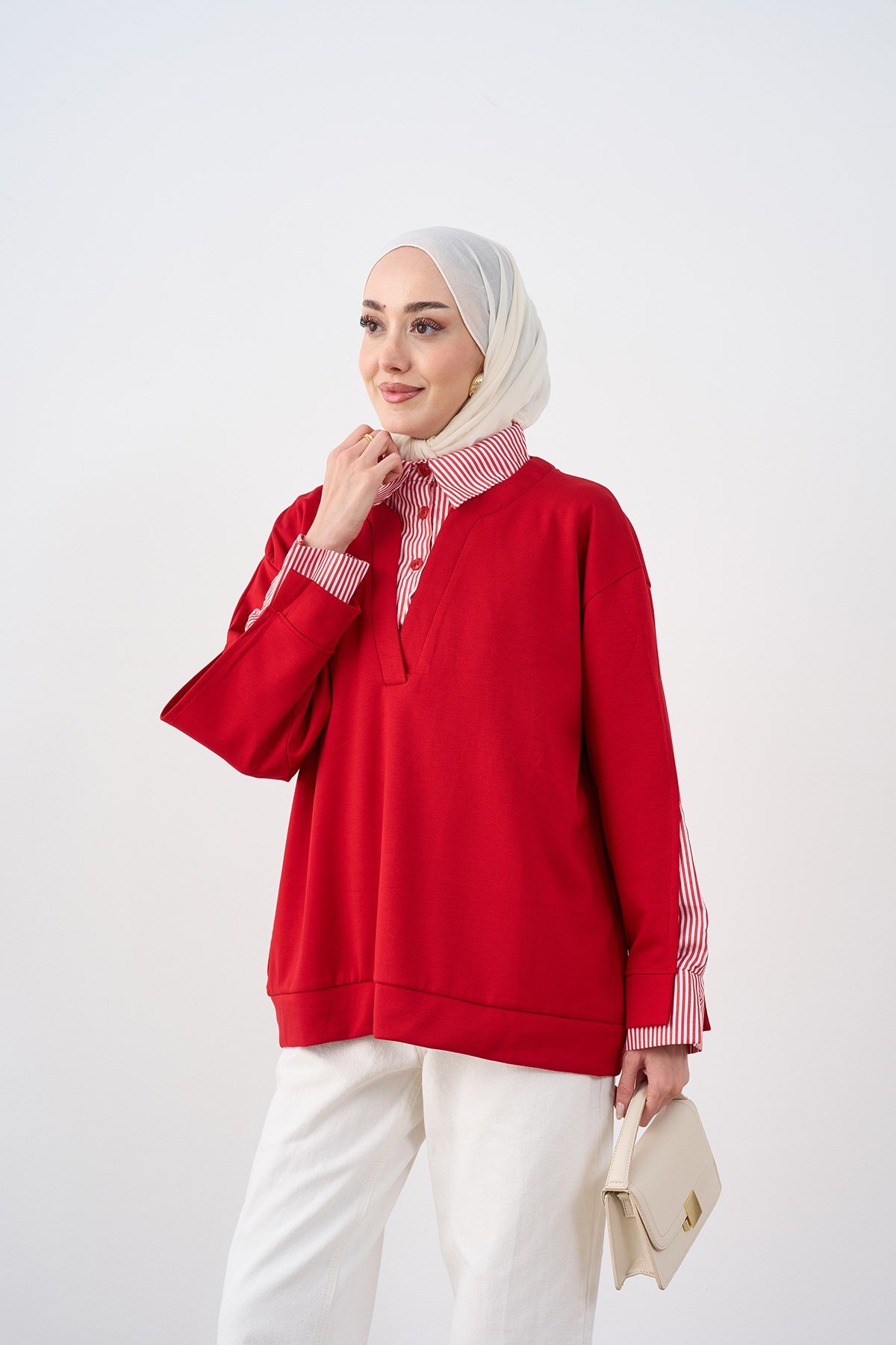 Gömlek Yaka Çizgi Detay Sweatshirt Kırmızı