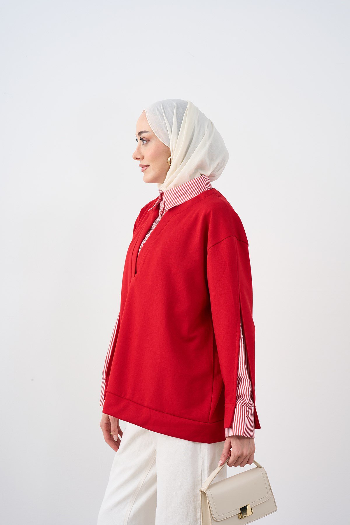 Gömlek Yaka Çizgi Detay Sweatshirt Kırmızı