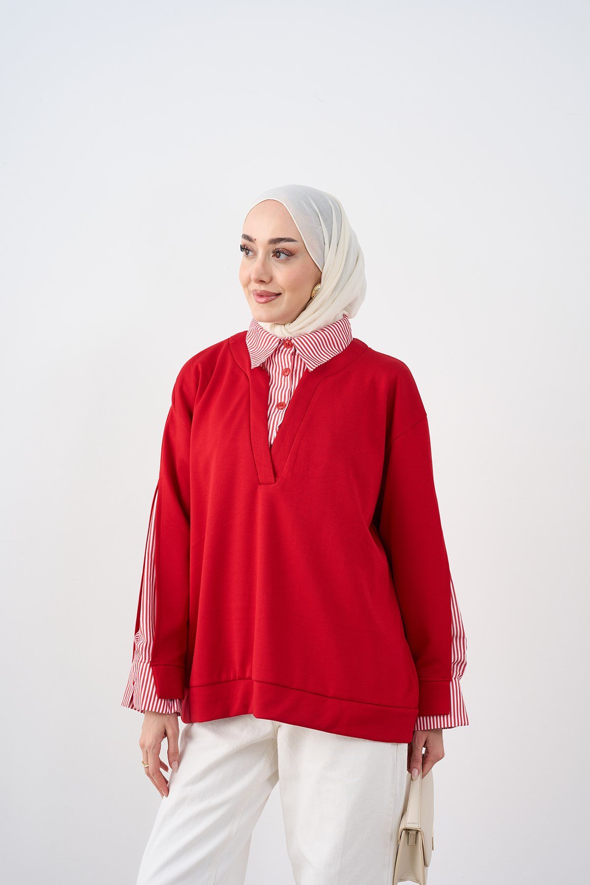 Gömlek Yaka Çizgi Detay Sweatshirt Kırmızı