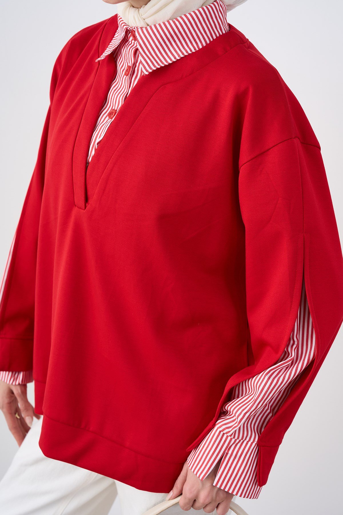 Gömlek Yaka Çizgi Detay Sweatshirt Kırmızı