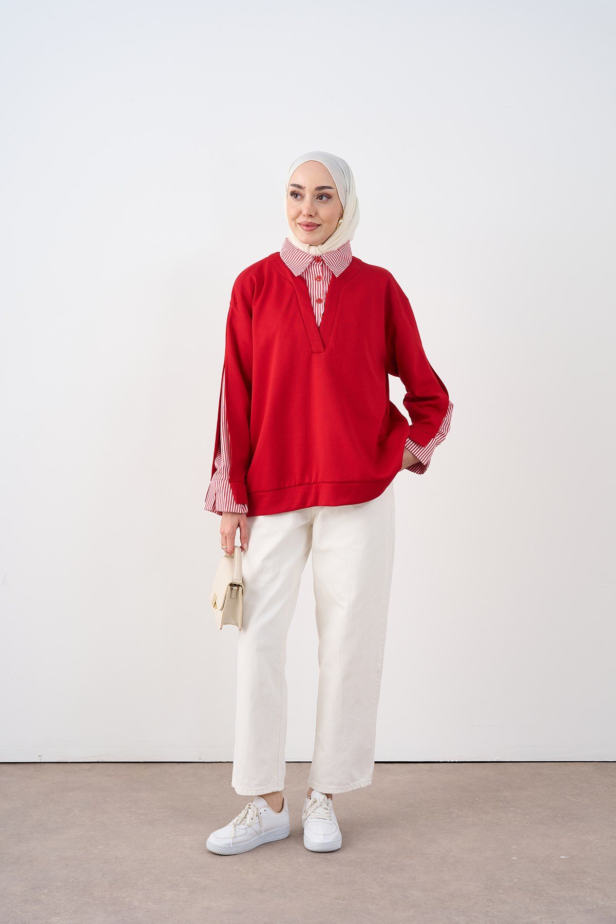 Gömlek Yaka Çizgi Detay Sweatshirt Kırmızı