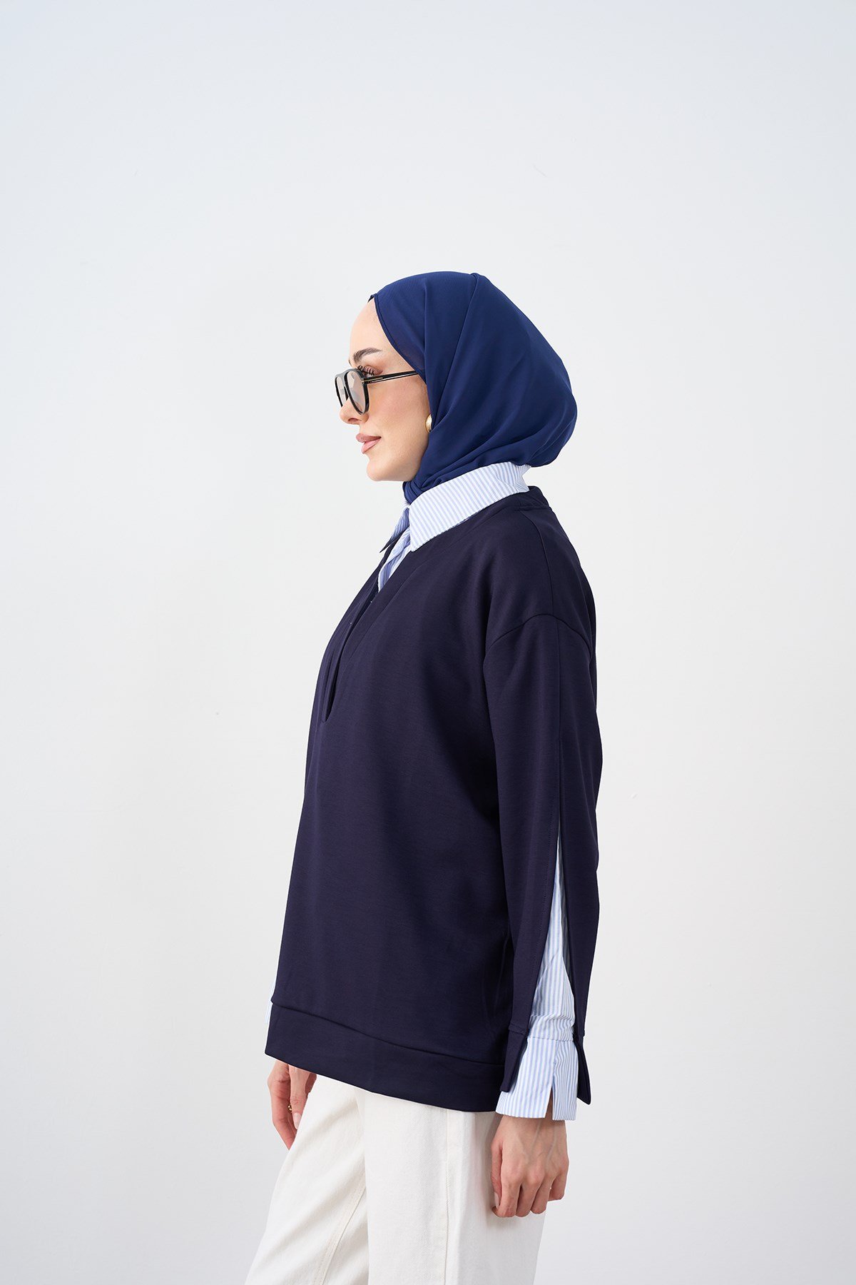 Gömlek Yaka Çizgi Detay Sweatshirt Lacivert