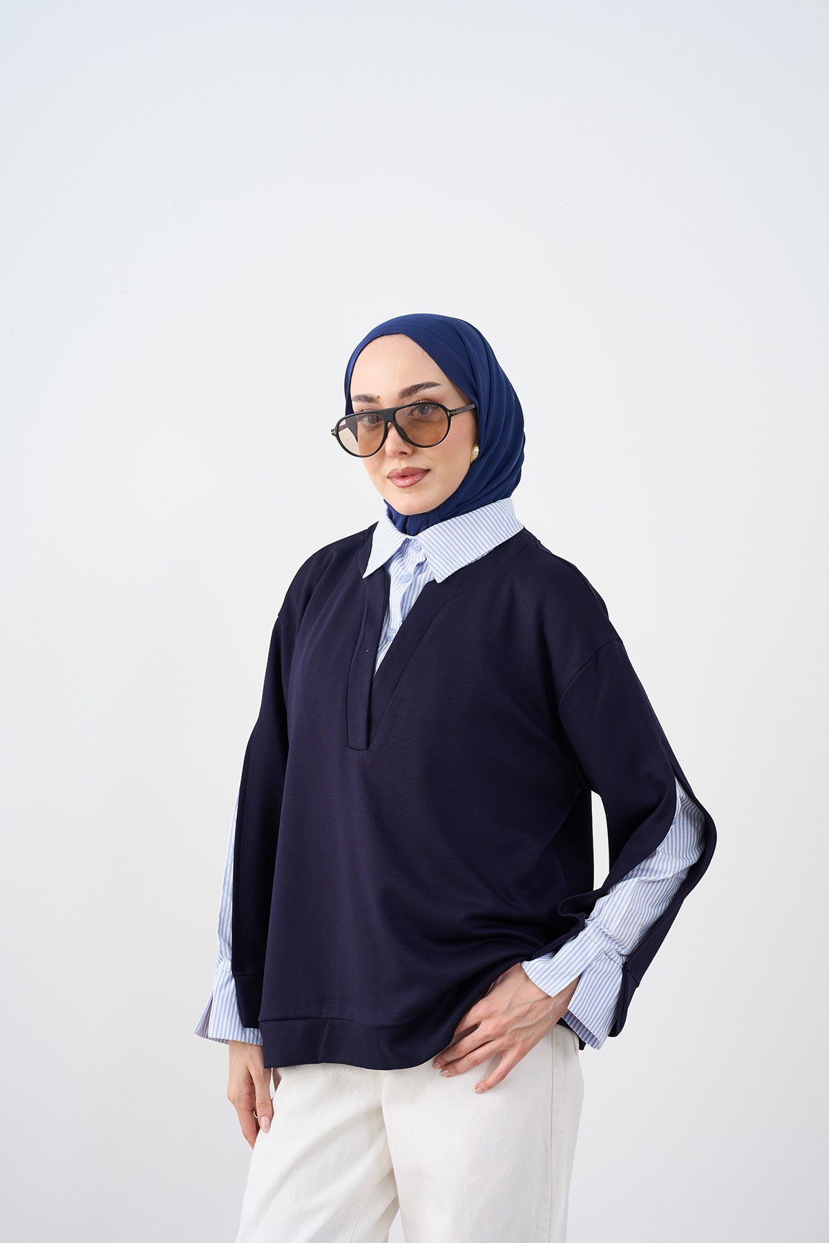 Gömlek Yaka Çizgi Detay Sweatshirt Lacivert