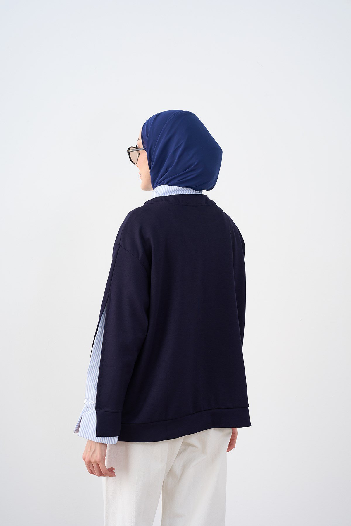Gömlek Yaka Çizgi Detay Sweatshirt Lacivert