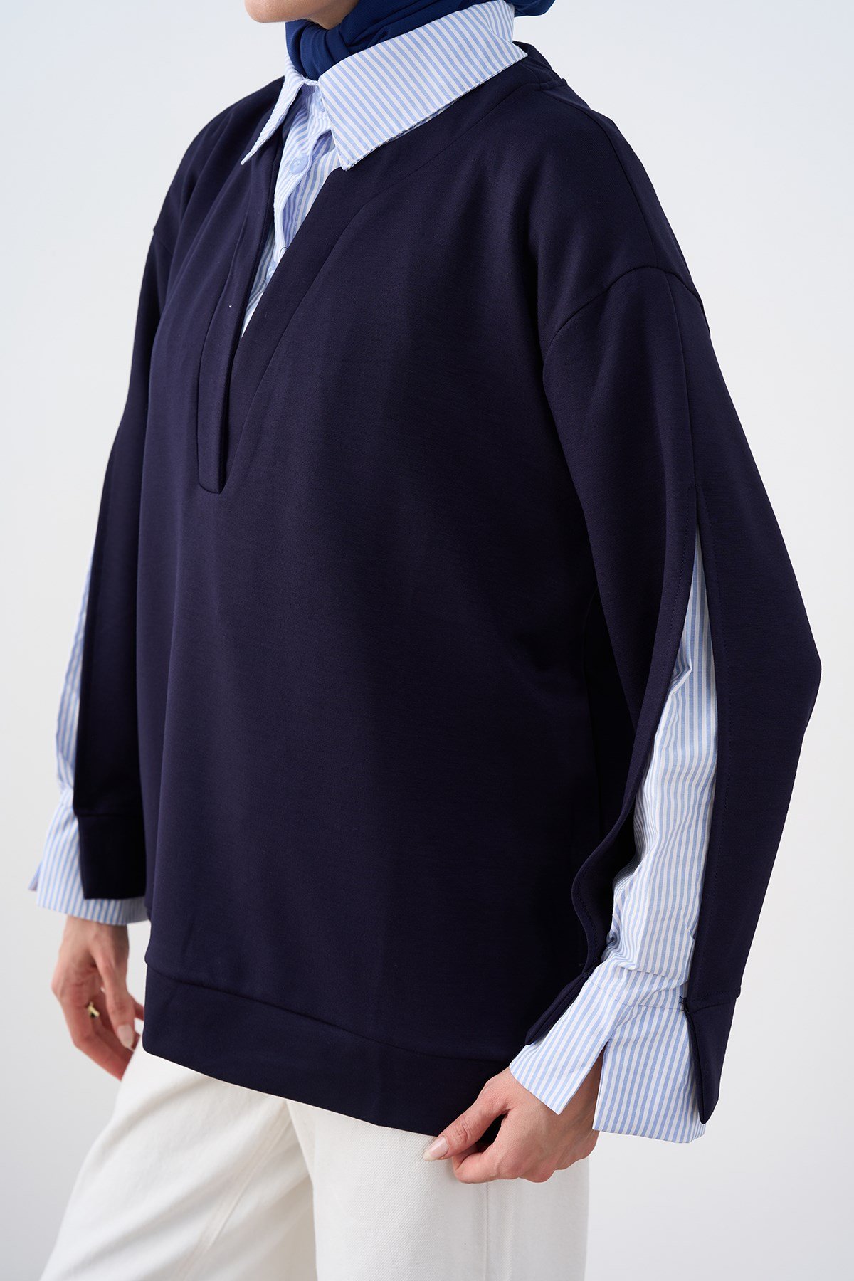 Gömlek Yaka Çizgi Detay Sweatshirt Lacivert