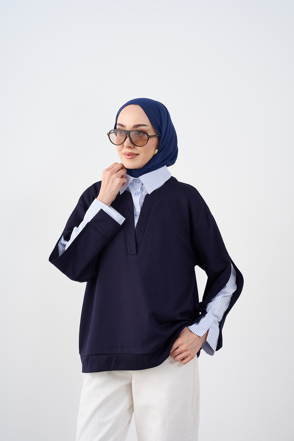 Gömlek Yaka Çizgi Detay Sweatshirt Lacivert
