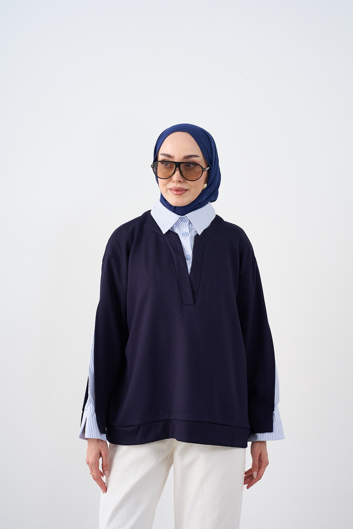 Gömlek Yaka Çizgi Detay Sweatshirt Lacivert