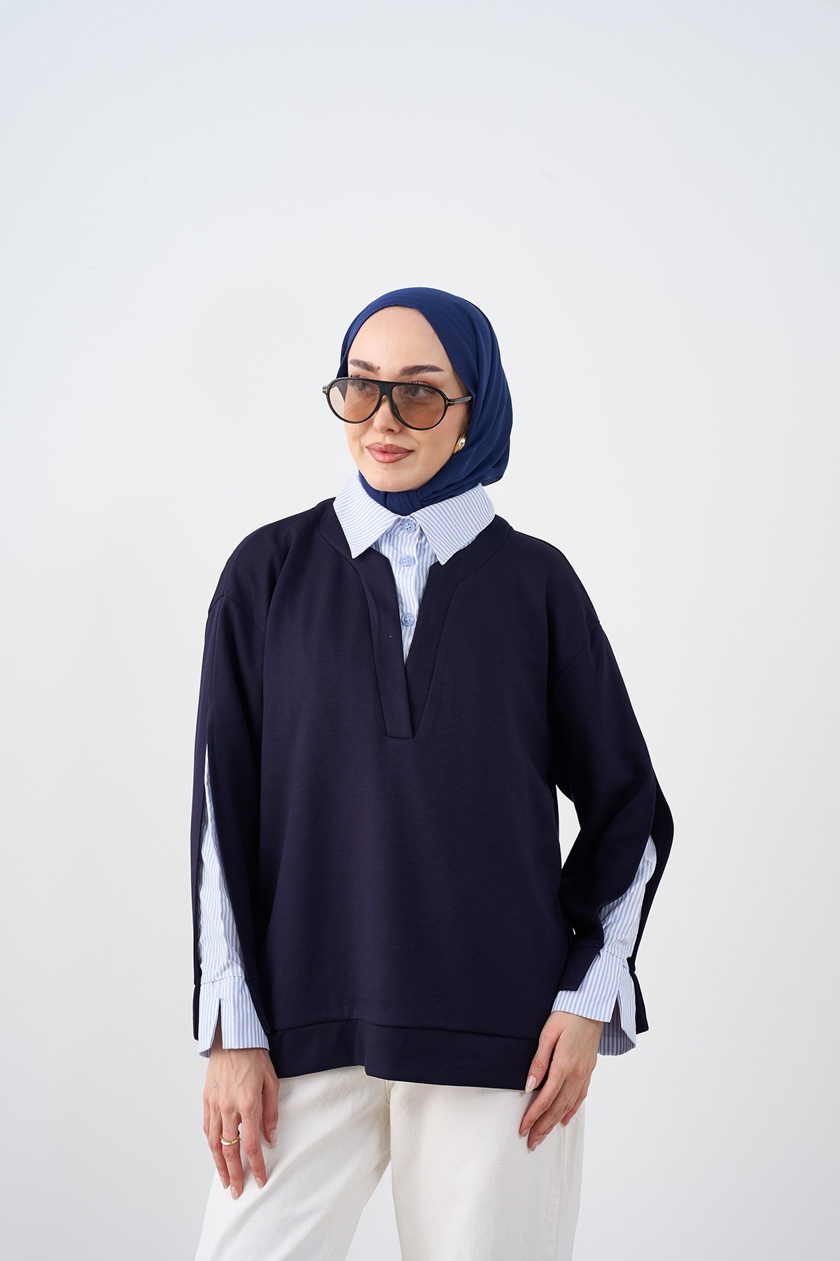 Gömlek Yaka Çizgi Detay Sweatshirt Lacivert