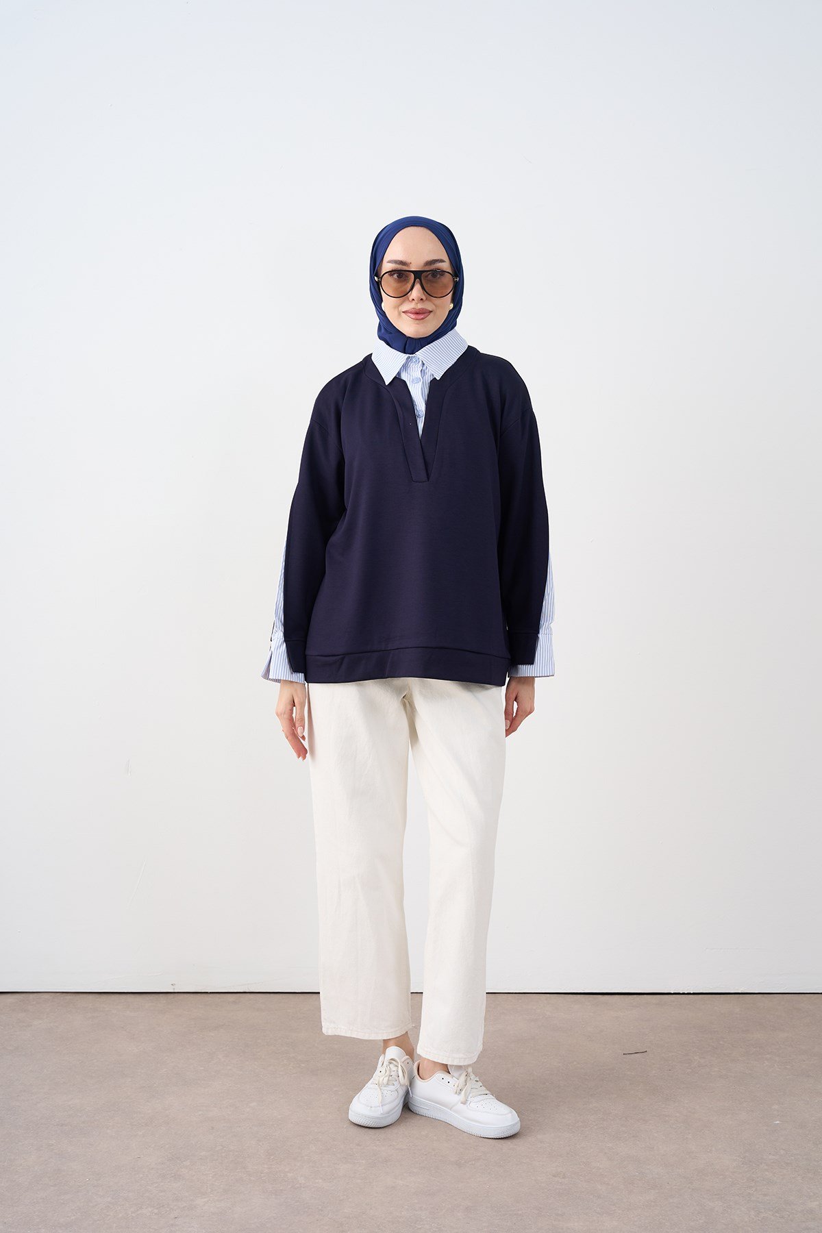 Gömlek Yaka Çizgi Detay Sweatshirt Lacivert