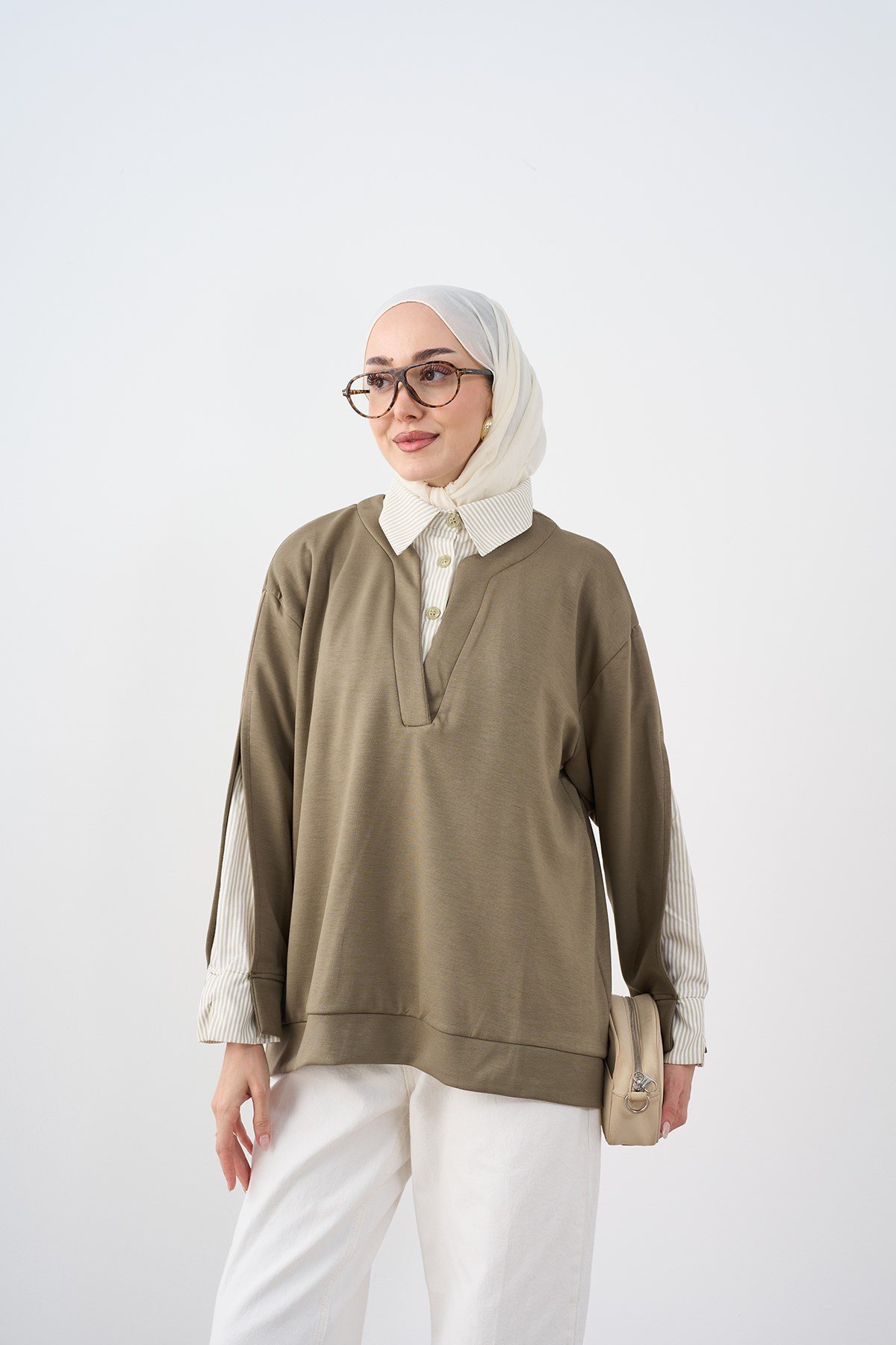 Gömlek Yaka Çizgi Detay Sweatshirt Yeşil