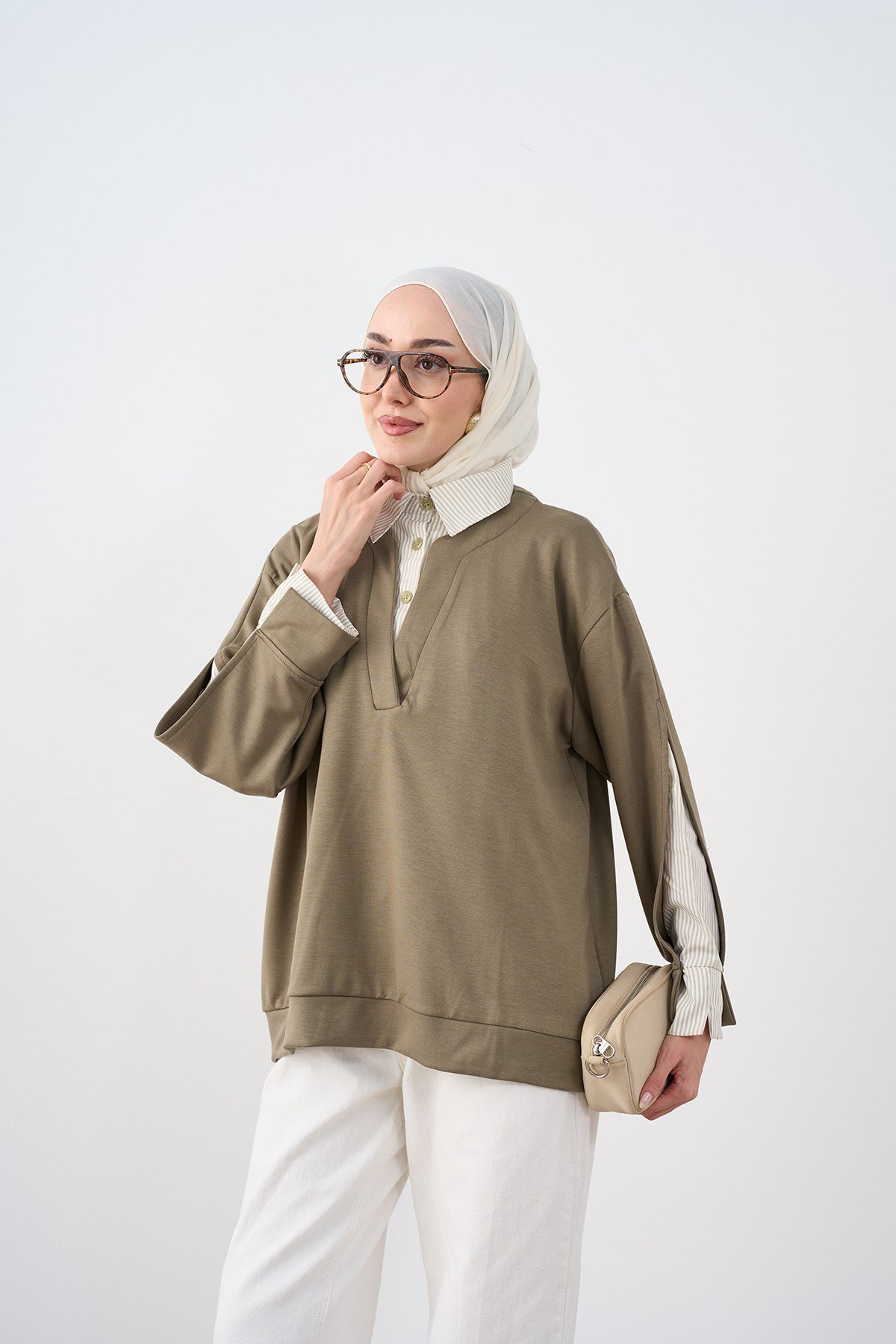Gömlek Yaka Çizgi Detay Sweatshirt Yeşil