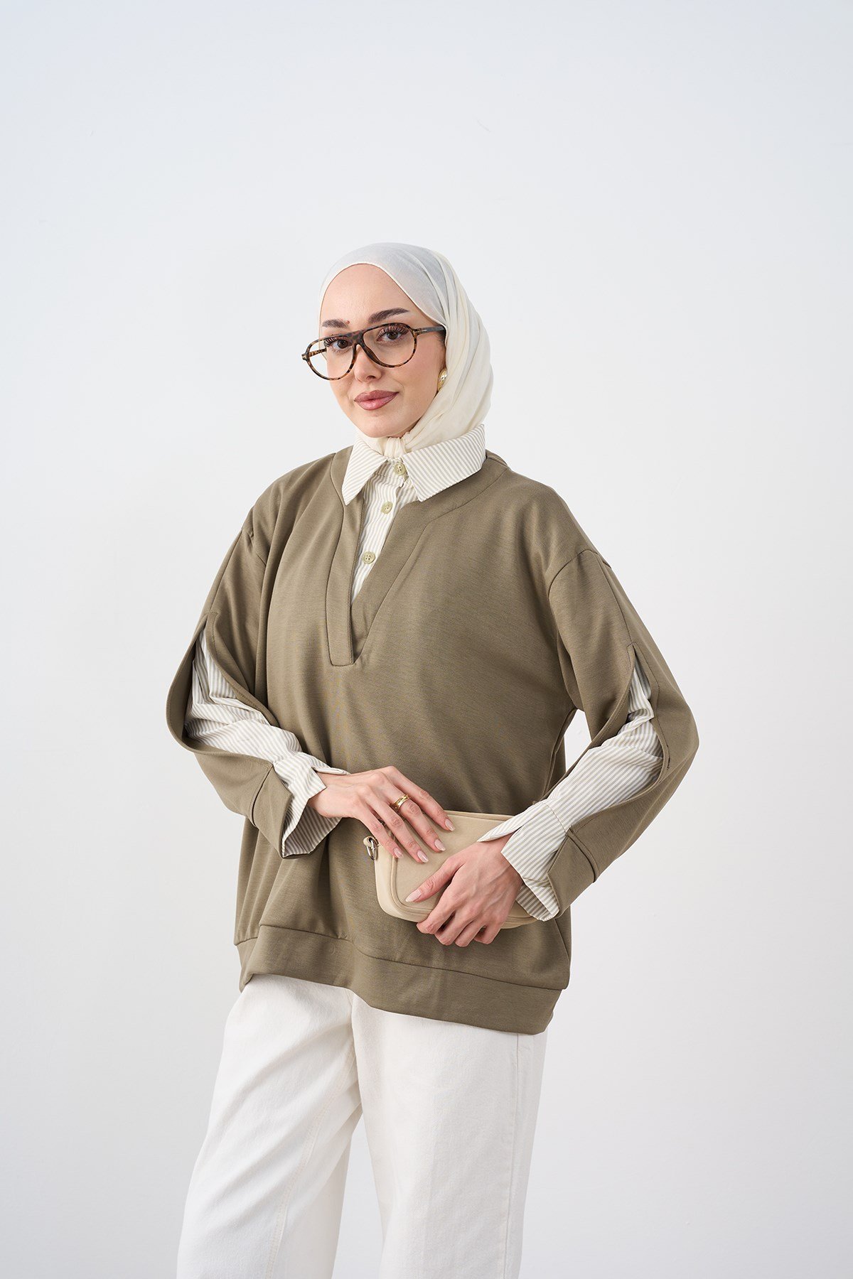 Gömlek Yaka Çizgi Detay Sweatshirt Yeşil