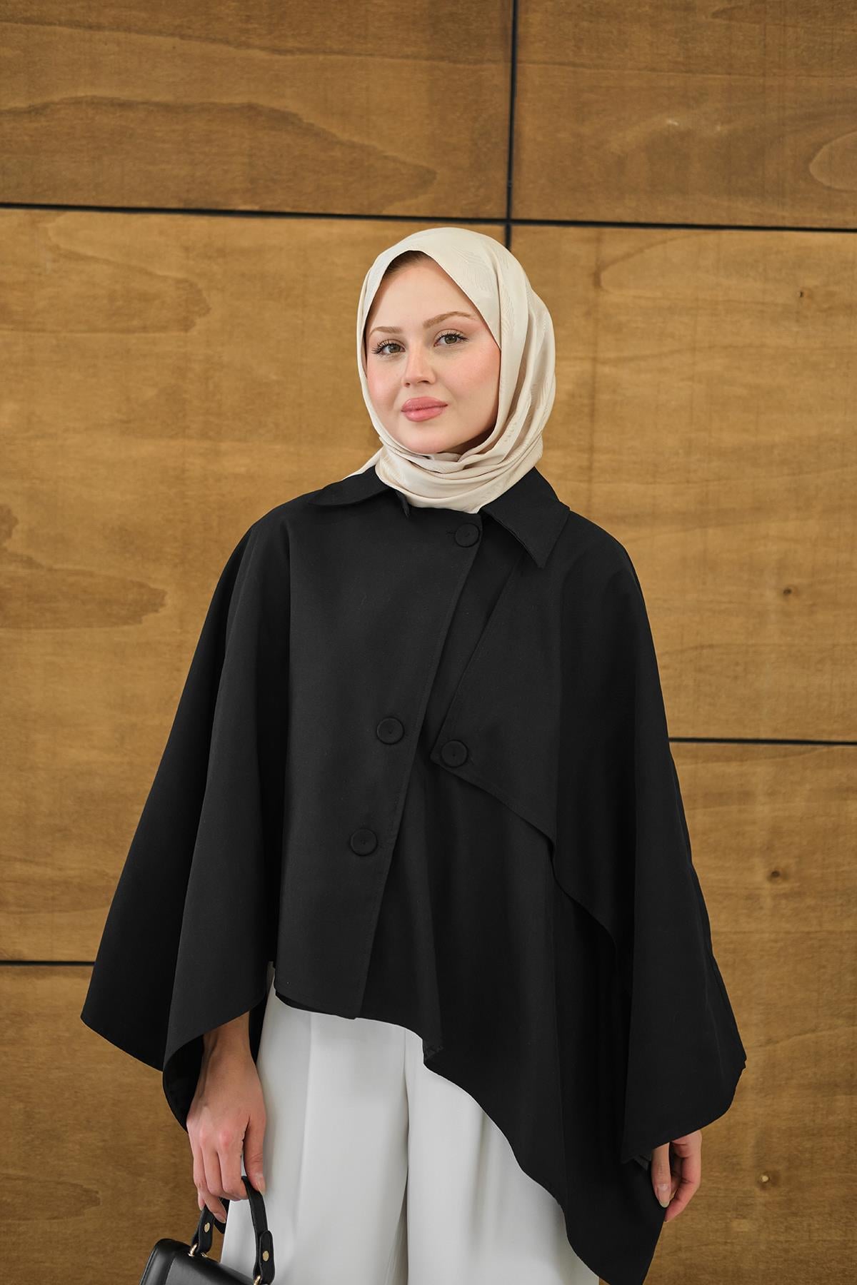 Gömlek Yaka Düğmeli Astarlı Oversize Gabardin Panço Trenç Siyah