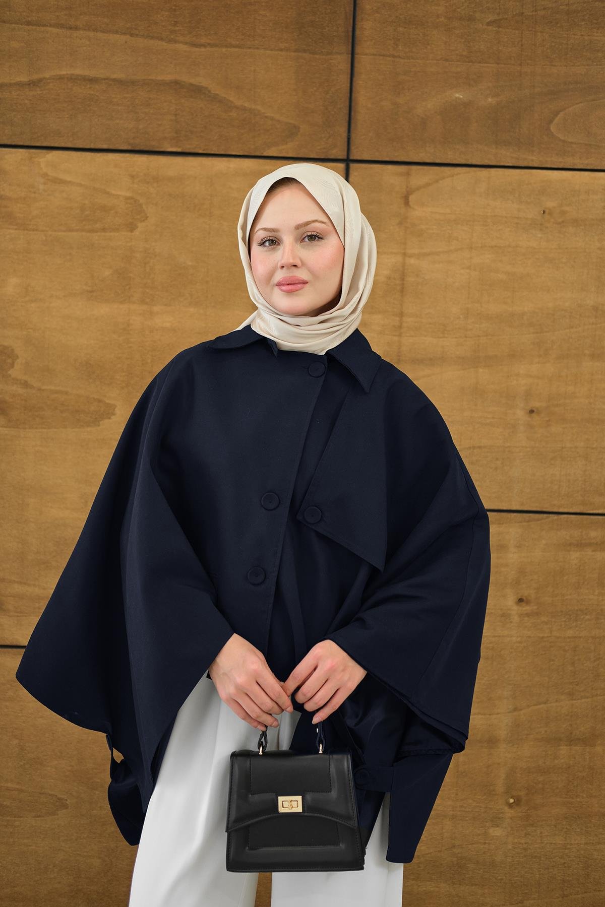 Gömlek Yaka Düğmeli Astarlı Oversize Gabardin Panço Trenç Lacivert