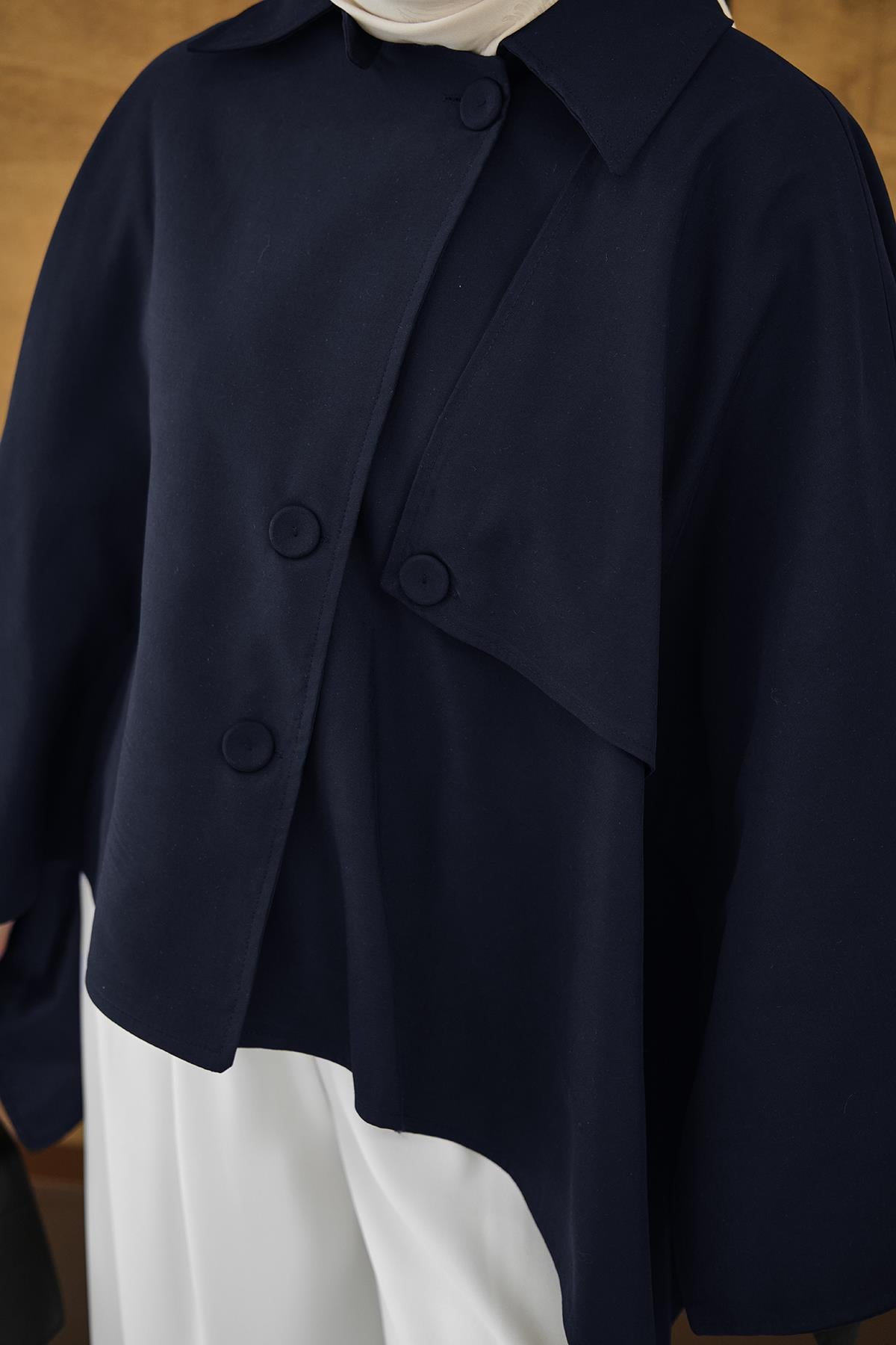 Gömlek Yaka Düğmeli Astarlı Oversize Gabardin Panço Trenç Lacivert