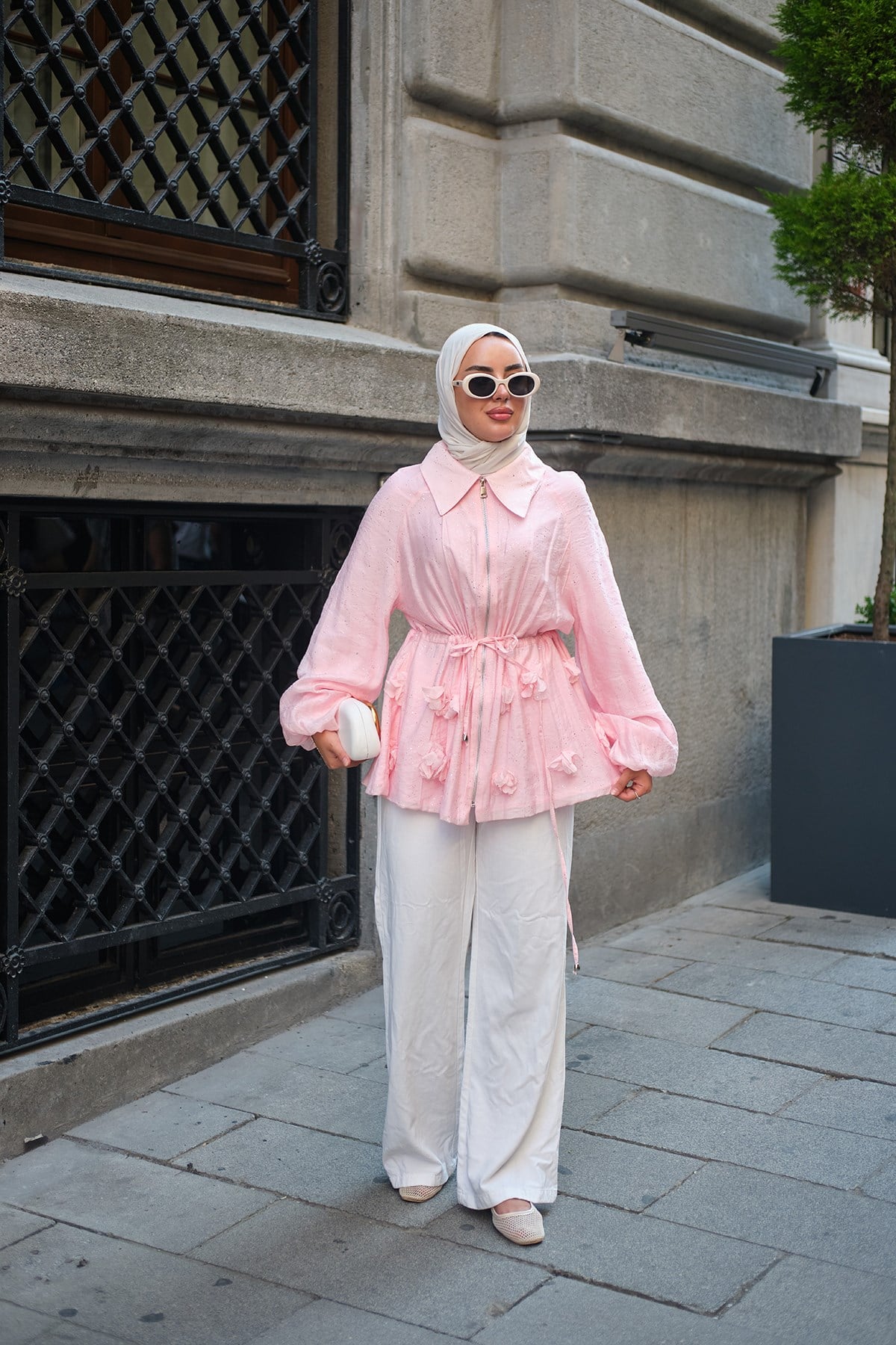Gömlek Yaka Sim Detay Bel Bağlamalı Fermuarlı Modal Ceket Pembe