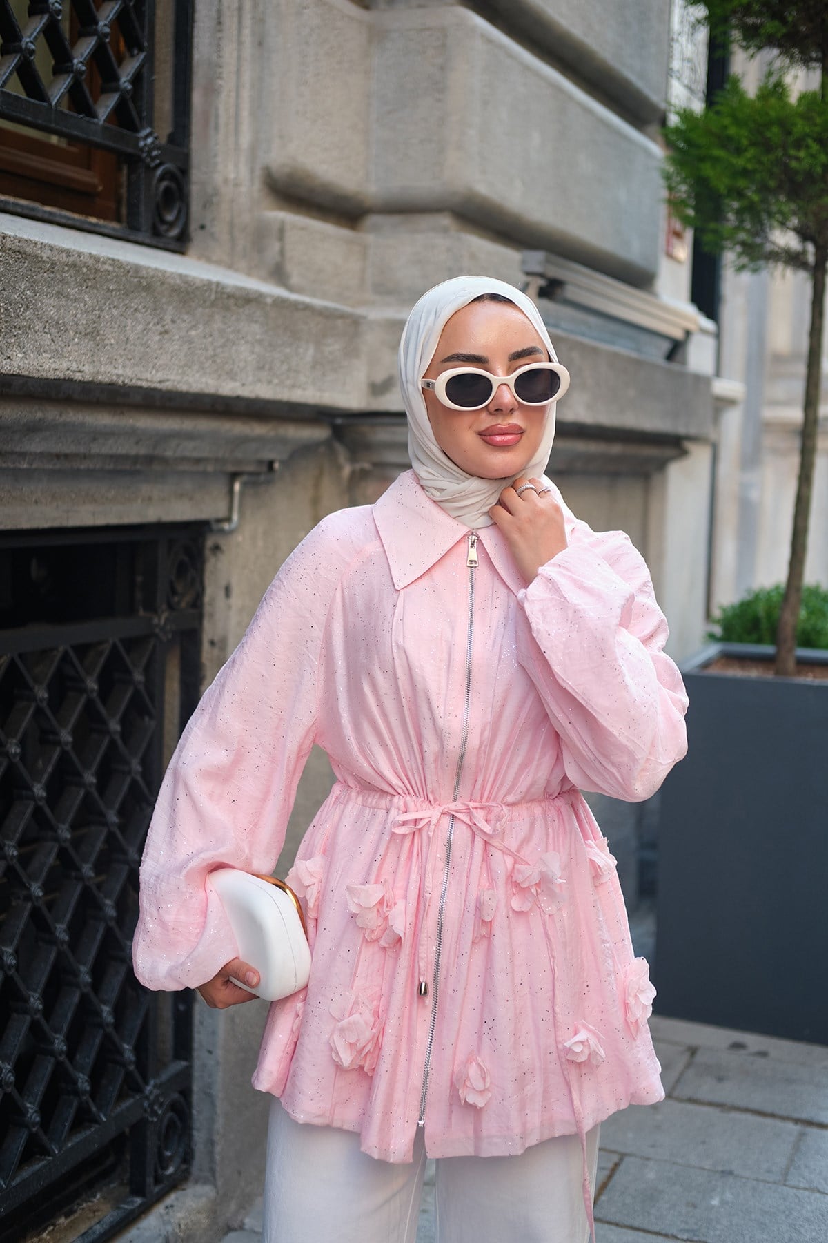 Gömlek Yaka Sim Detay Bel Bağlamalı Fermuarlı Modal Ceket Pembe
