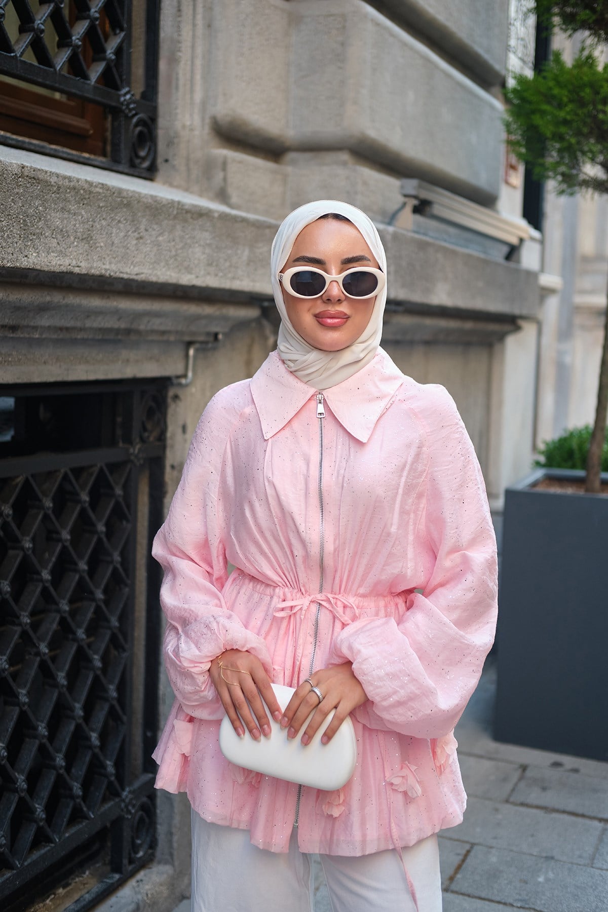 Gömlek Yaka Sim Detay Bel Bağlamalı Fermuarlı Modal Ceket Pembe