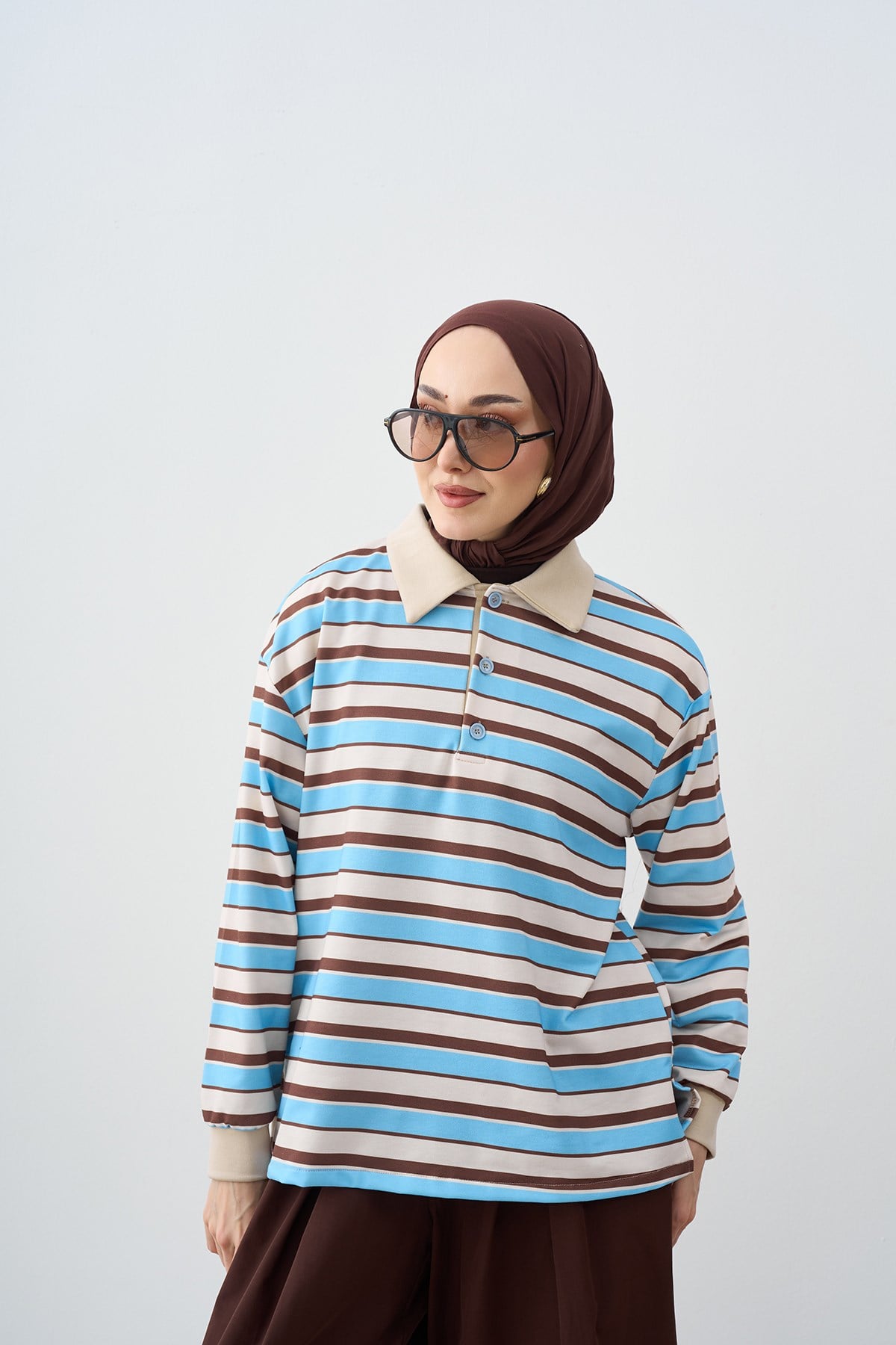 Gömlek Yaka Yarım Düğmeli Sweatshirt Bebe Mavi