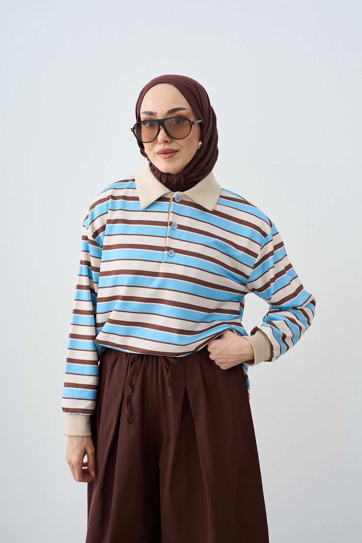Gömlek Yaka Yarım Düğmeli Sweatshirt Bebe Mavi