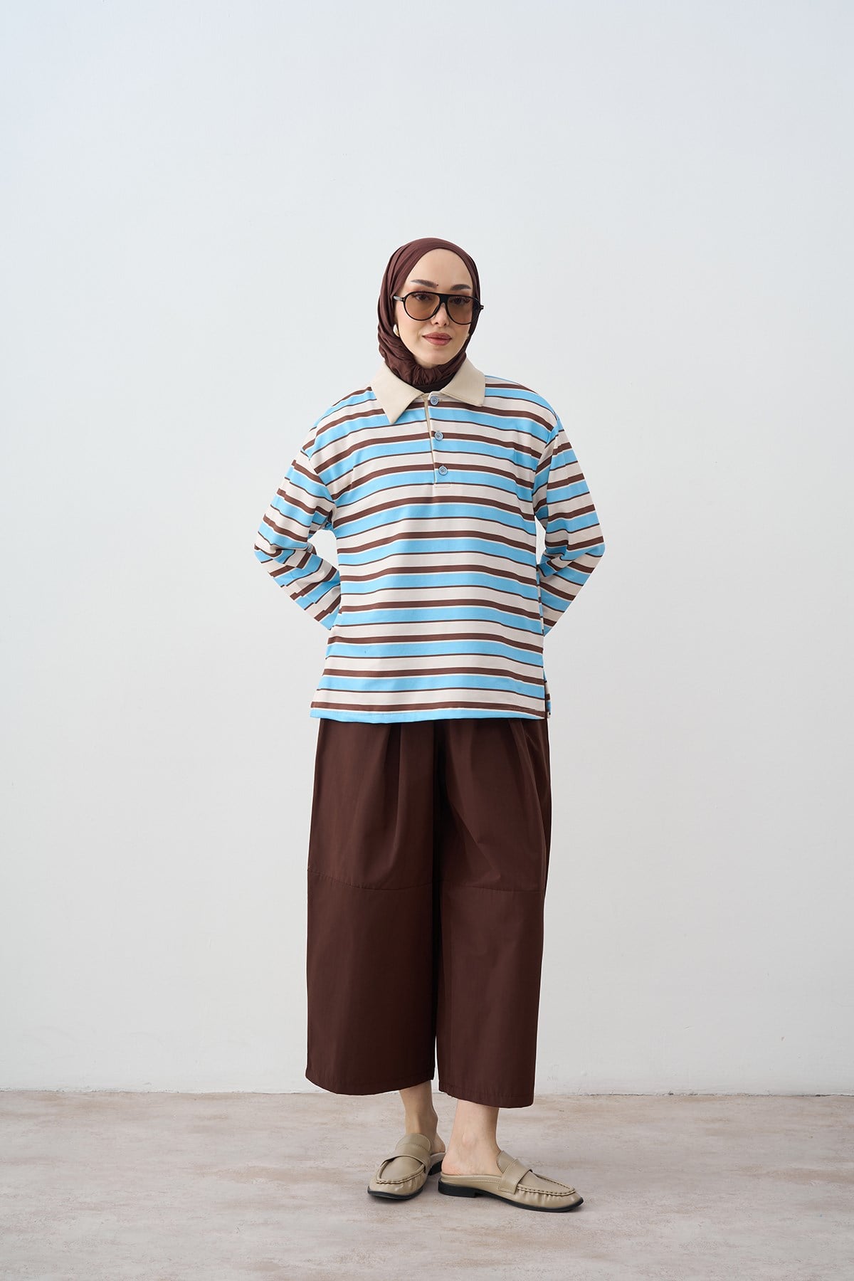 Gömlek Yaka Yarım Düğmeli Sweatshirt Bebe Mavi
