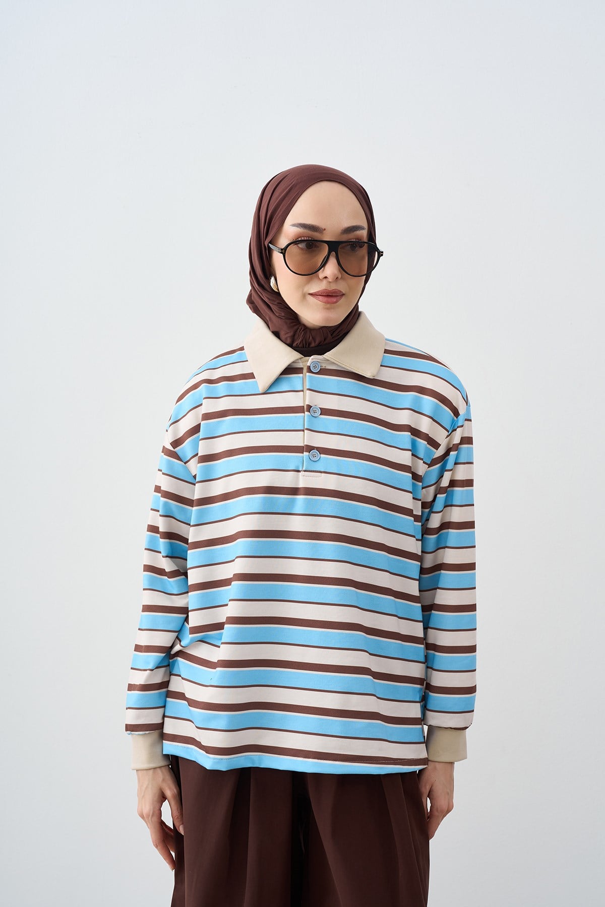 Gömlek Yaka Yarım Düğmeli Sweatshirt Bebe Mavi