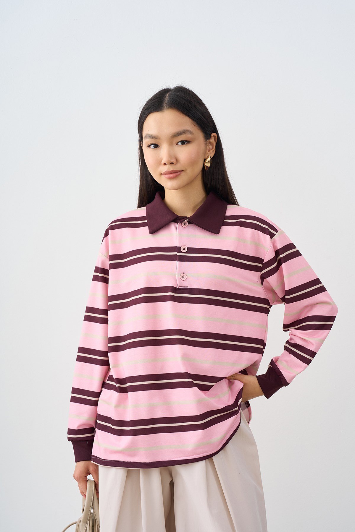 Gömlek Yaka Yarım Düğmeli Sweatshirt Pembe