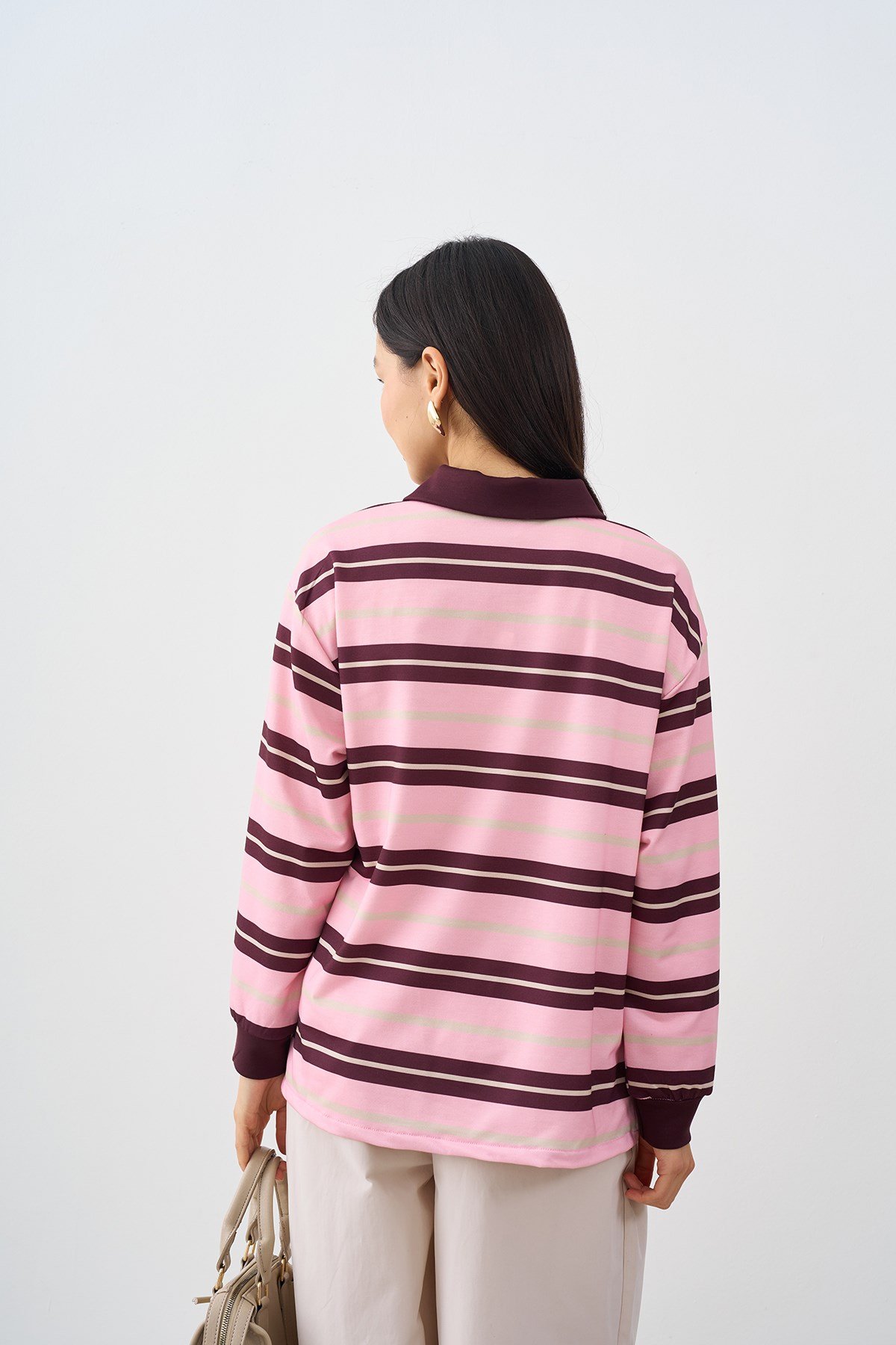 Gömlek Yaka Yarım Düğmeli Sweatshirt Pembe