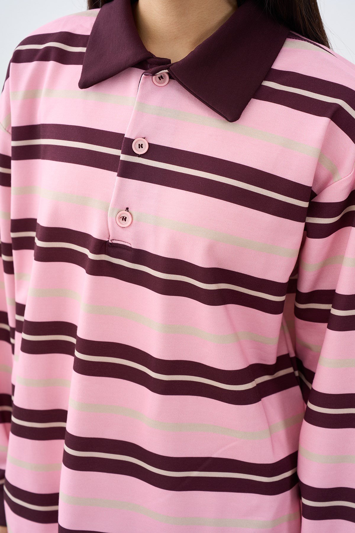 Gömlek Yaka Yarım Düğmeli Sweatshirt Pembe
