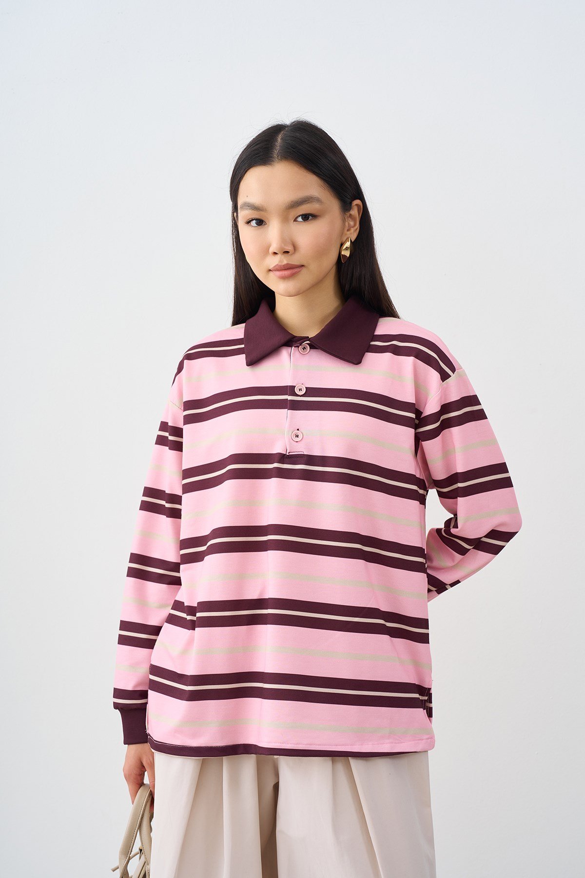 Gömlek Yaka Yarım Düğmeli Sweatshirt Pembe