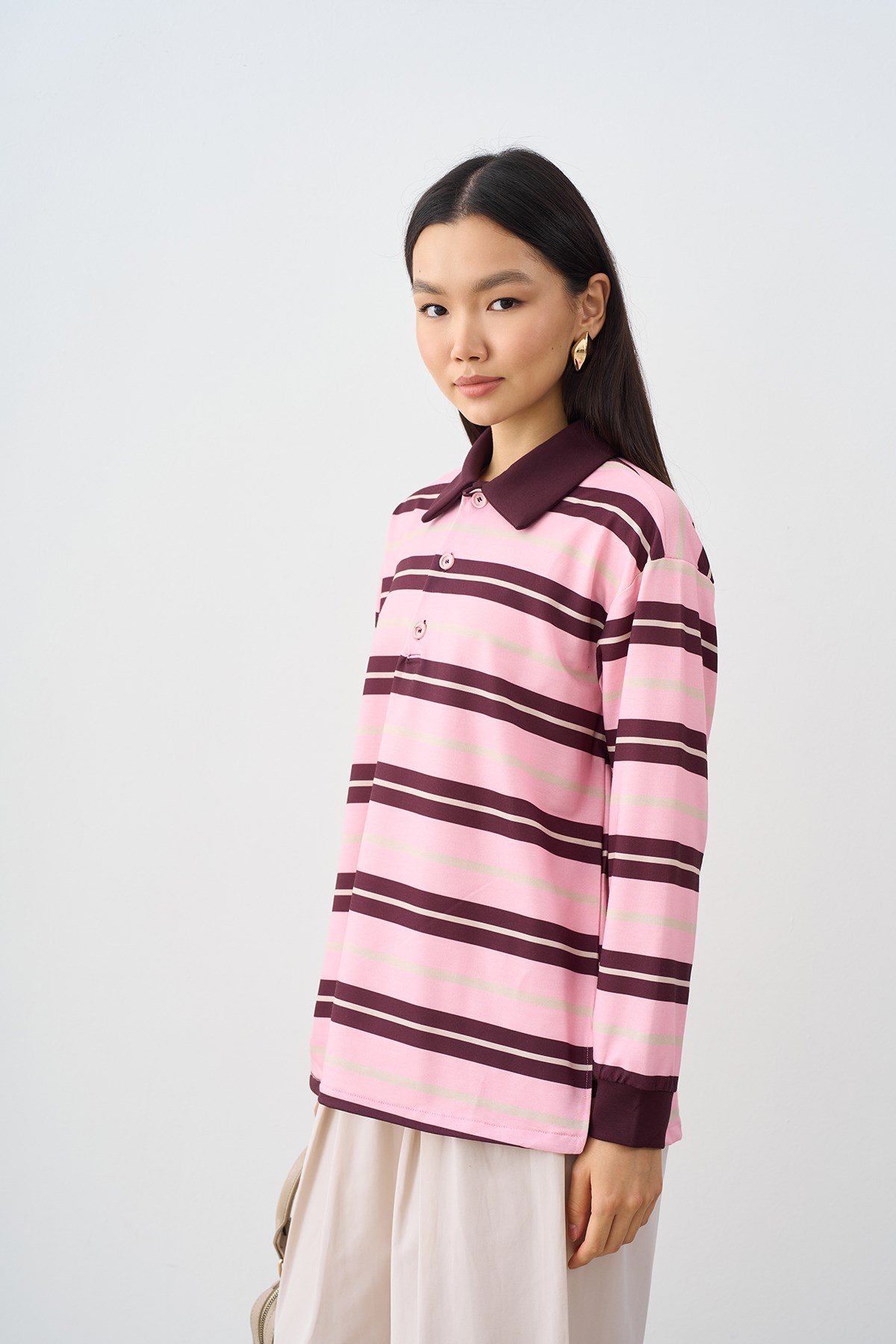 Gömlek Yaka Yarım Düğmeli Sweatshirt Pembe