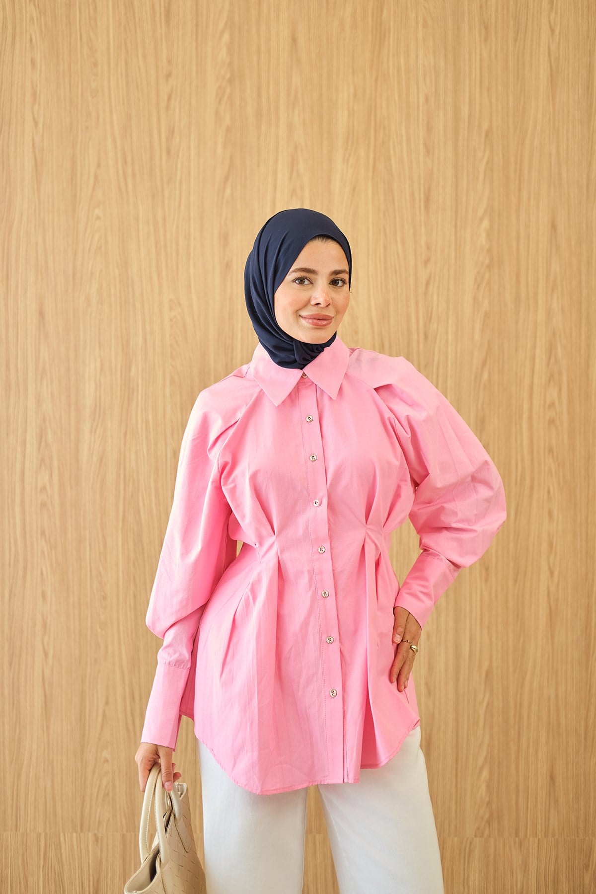 Hafif Büzgülü Poplin Gömlek Pembe