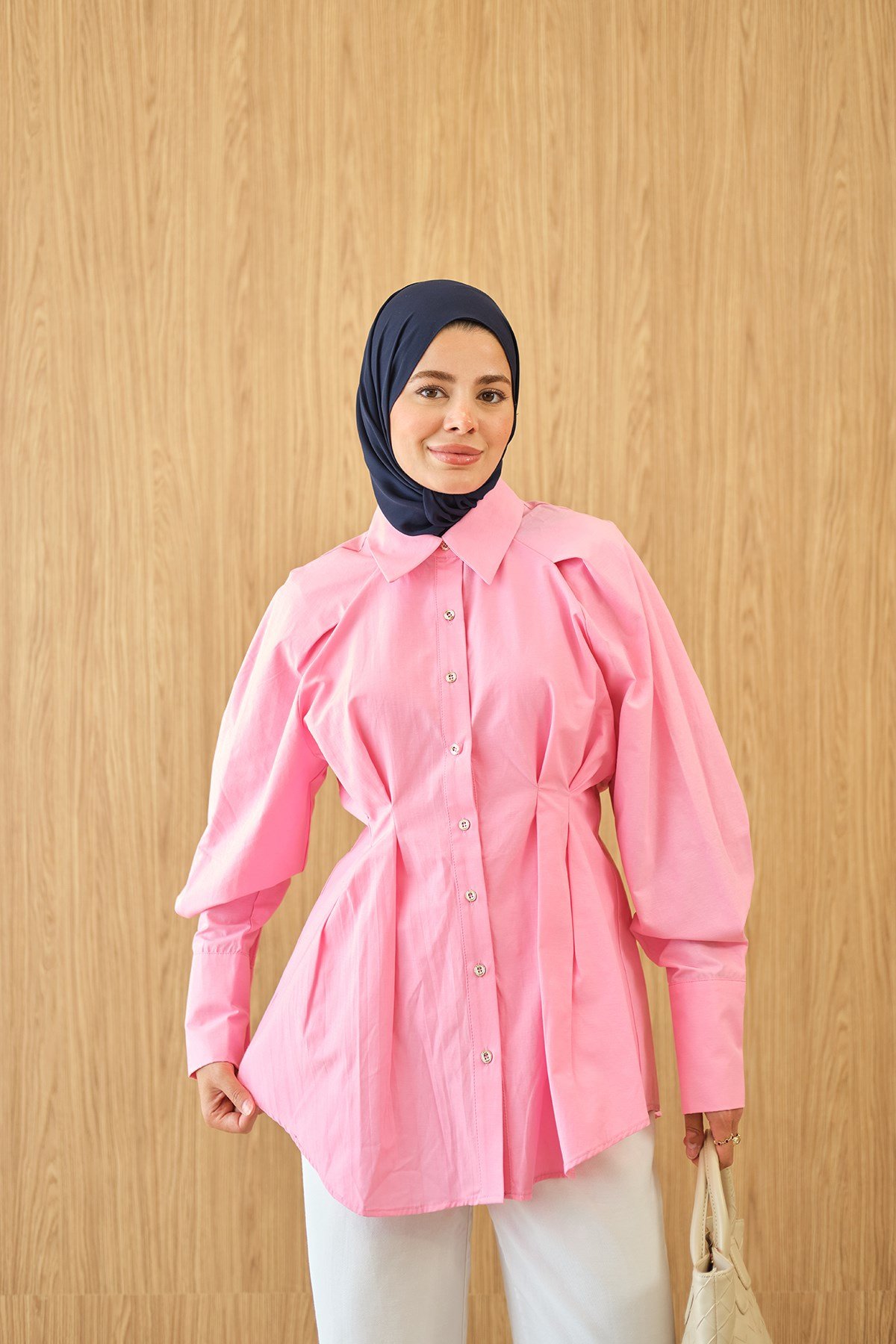 Hafif Büzgülü Poplin Gömlek Pembe
