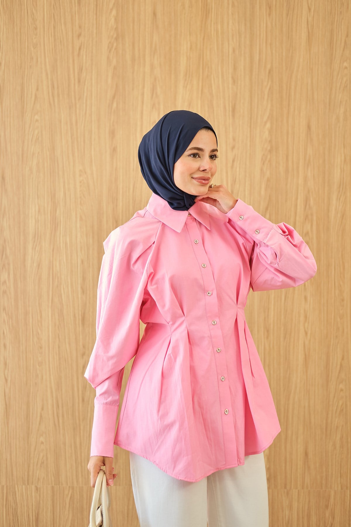 Hafif Büzgülü Poplin Gömlek Pembe
