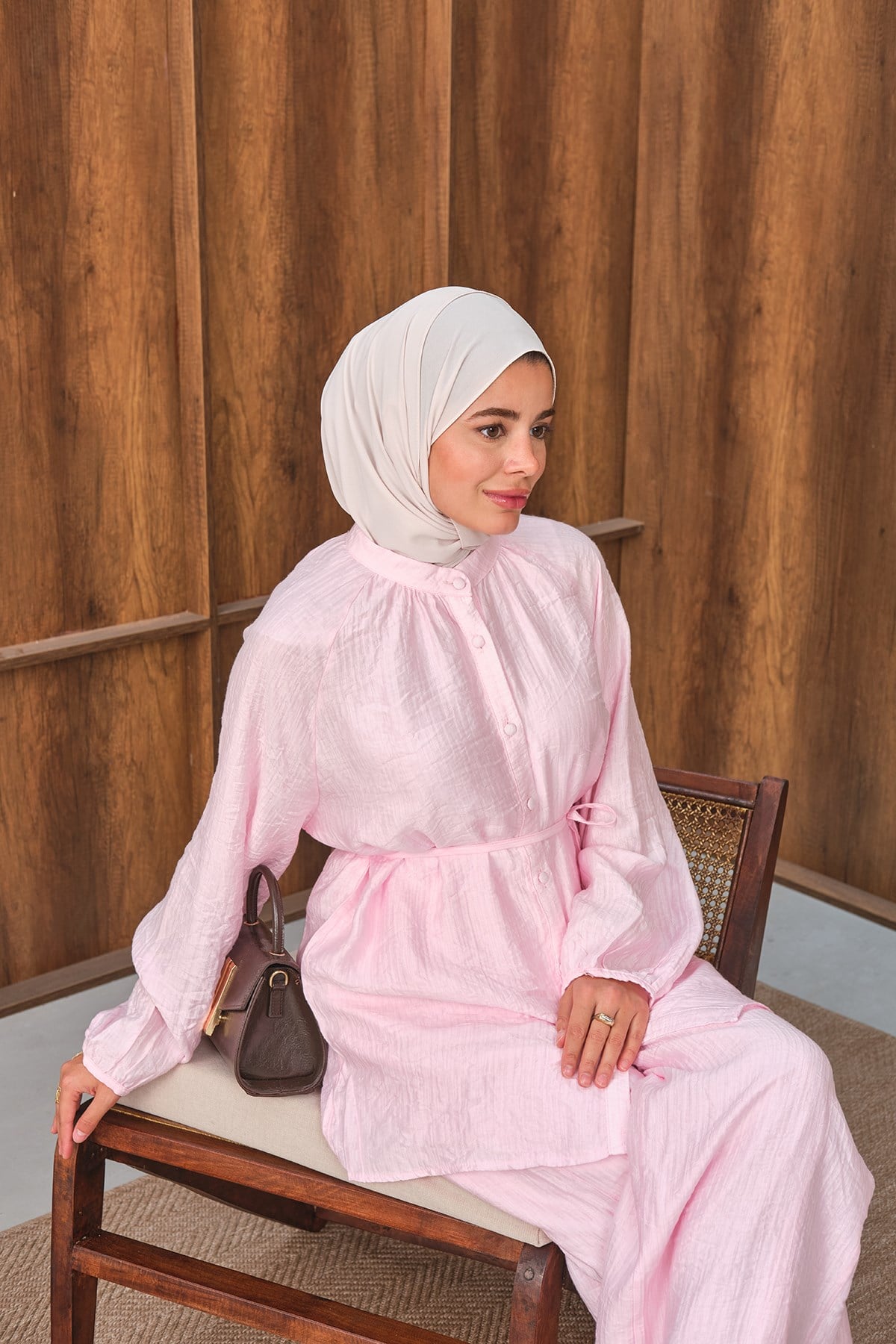 Hakim Yaka Bel Bağlamalı Takım Pembe