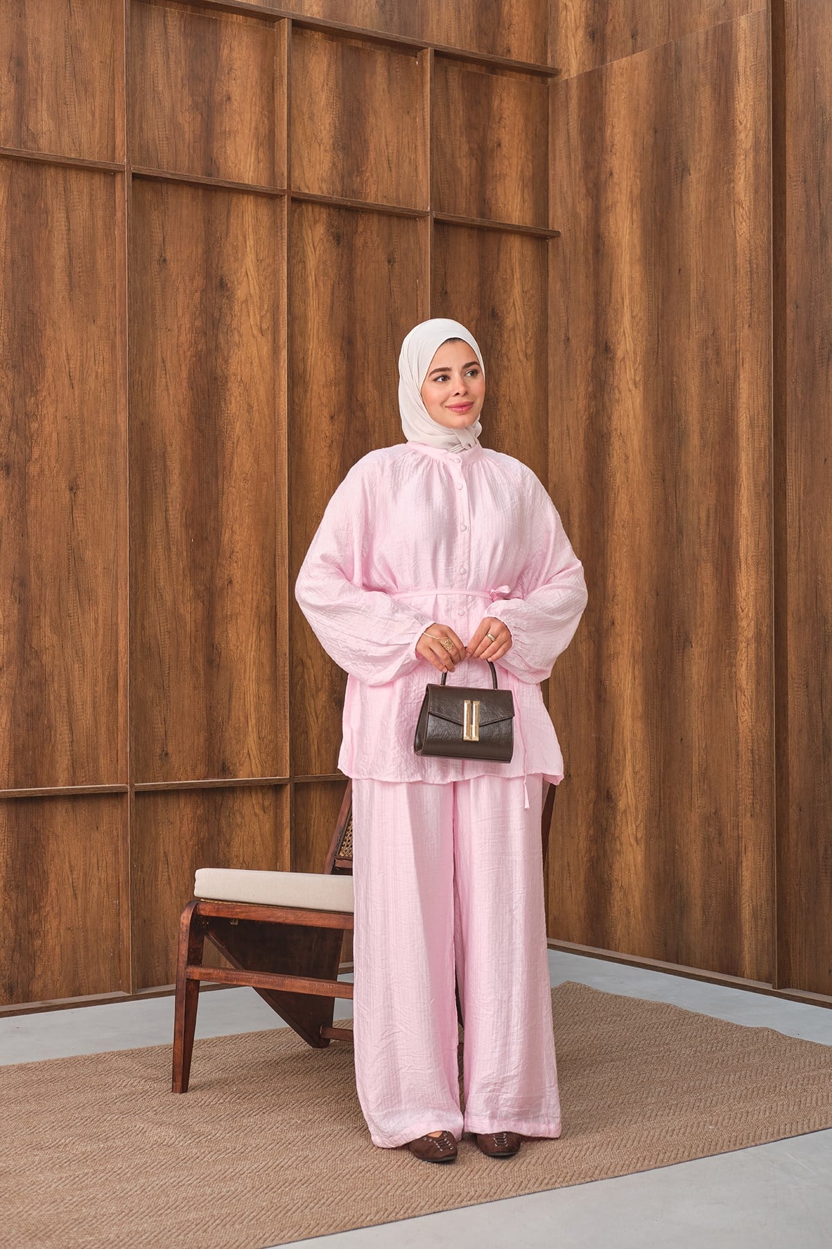 Hakim Yaka Bel Bağlamalı Takım Pembe